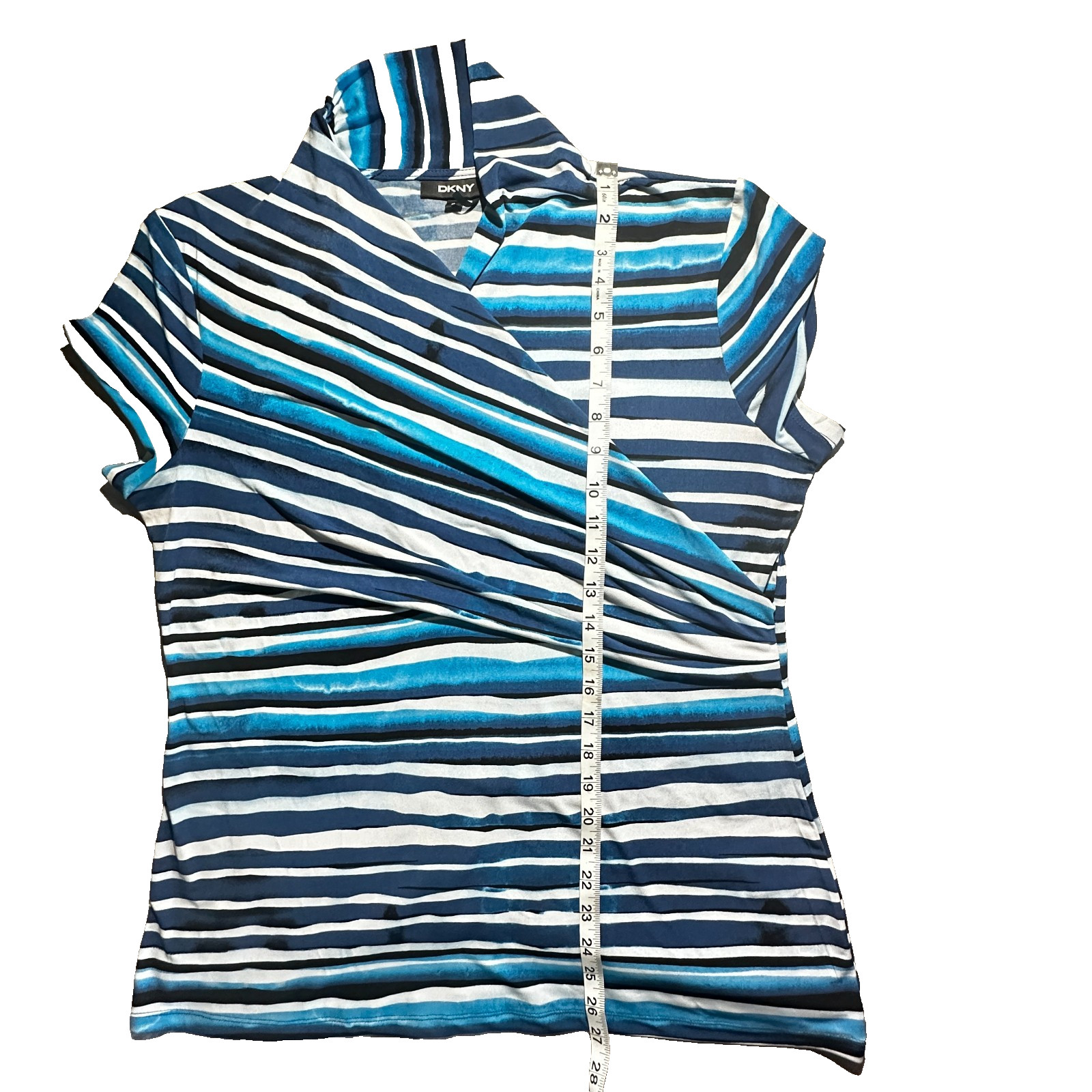 DKNY Blue Striped Jersey Blouse Women Size XL V-Neck Short Sleeve Stretch