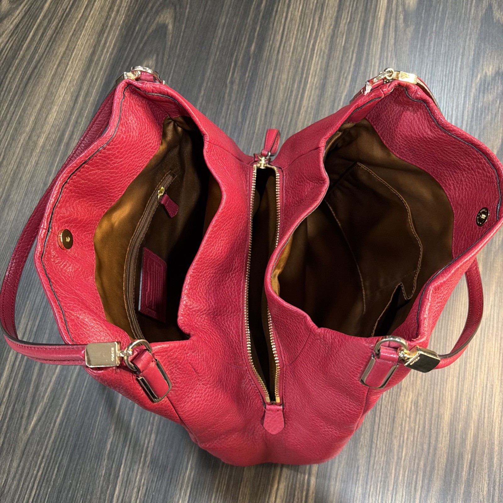 Coach Red Leather Phoebe Madison Shoulder Bag 3 Compartment With Gold Hardware