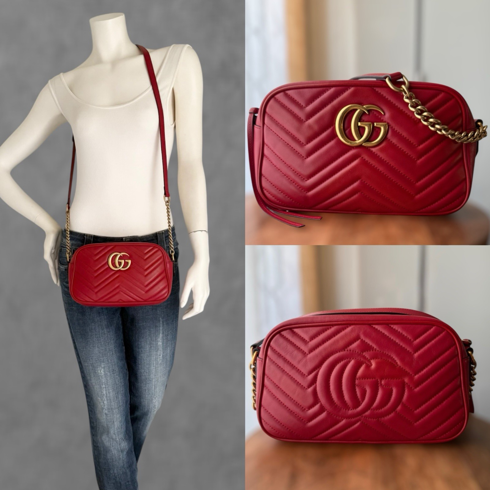 GUCCI GG Marmont Matelasse Red Leather Small Camera Shoulder Crossbody Bag