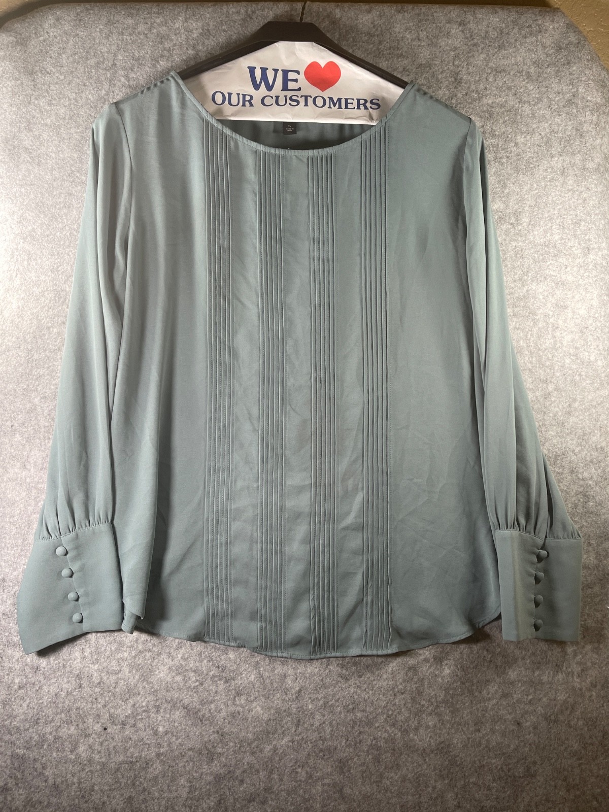 Ann Taylor Pintuck Pleated Blouse Sage Green Long Sleeve Button Cuff Top XL