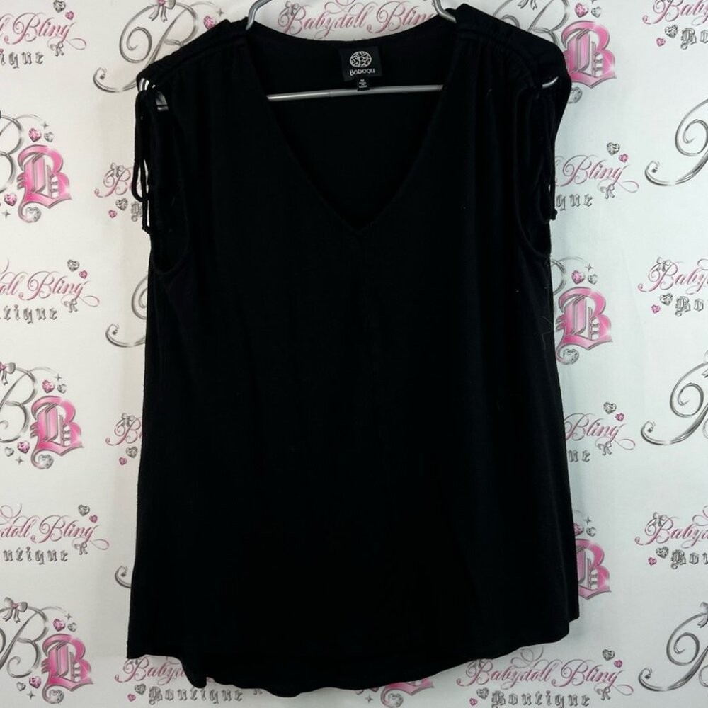Bobeau tank top cinch tie ups shoulders ribbon luxe Black V-Neck Blouse