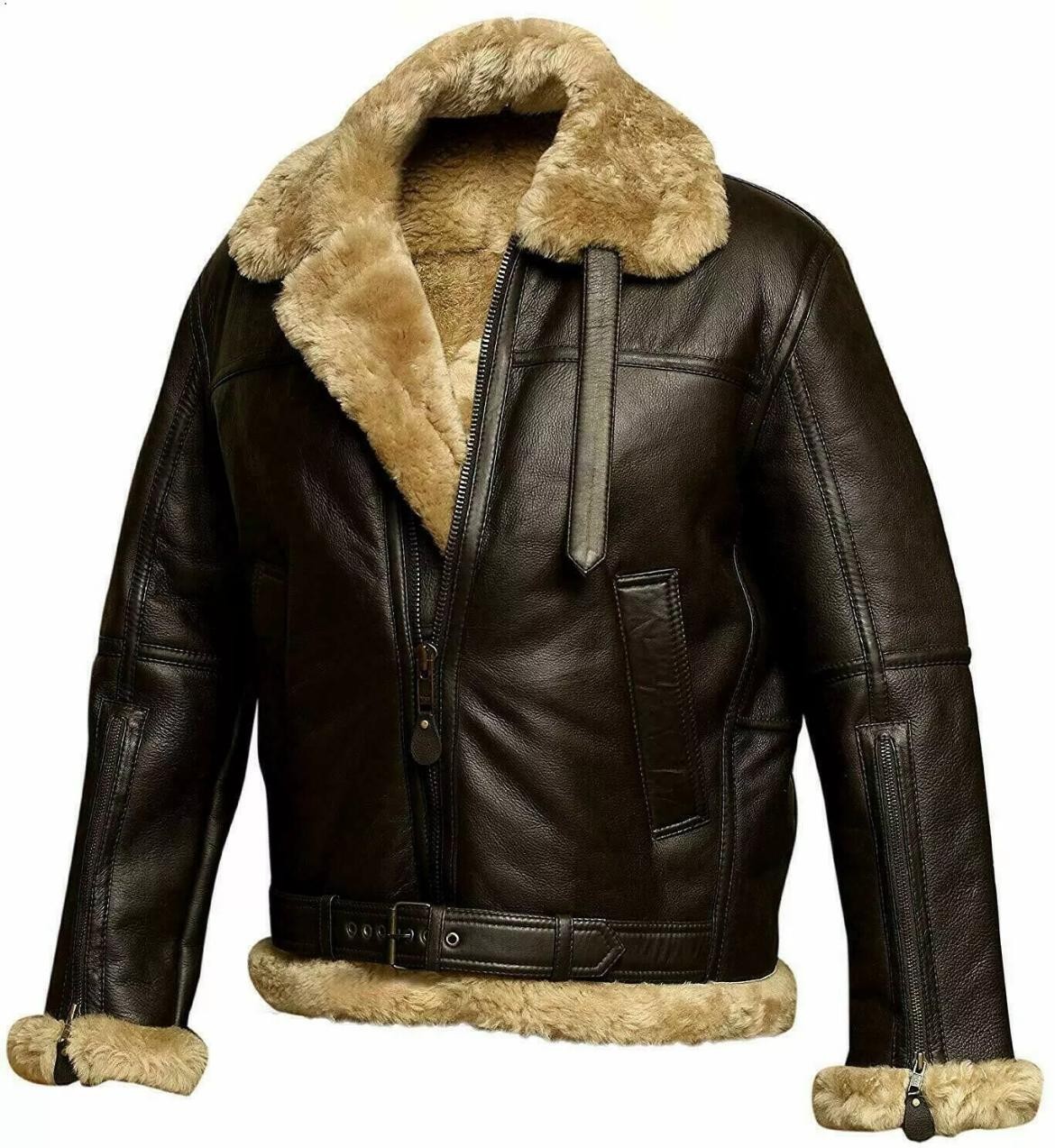 Men B3 Bomber Genuine Leather Jacket Real Sheepskin Aviator Fur Shearling Coat