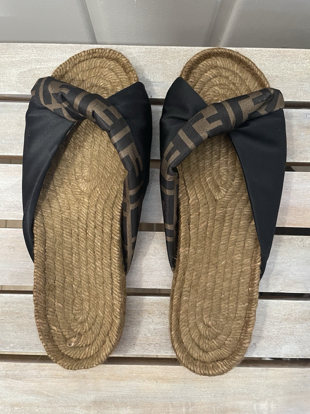 Fendi Womens FF Logo Slide Sandals Satin Black/Brown EU 37.5 US 7.5 NWD