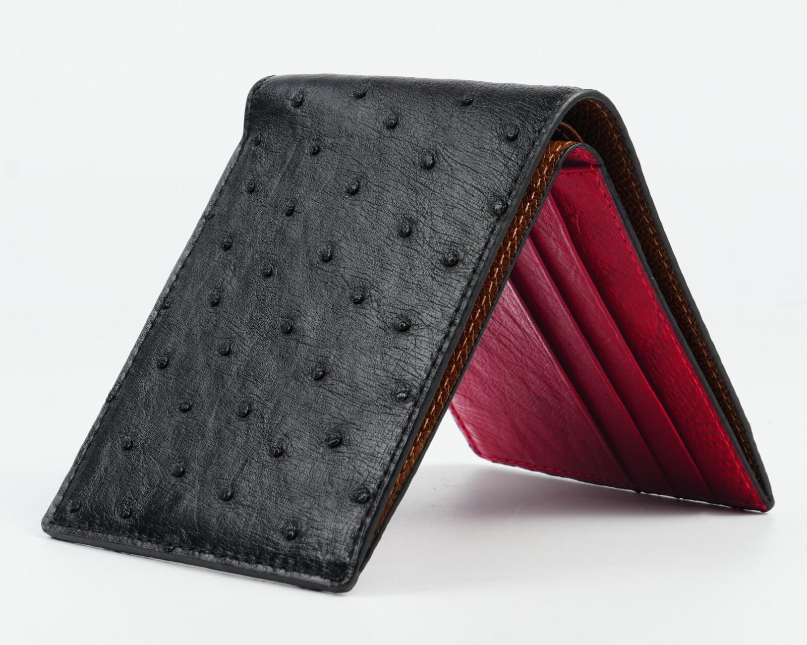 Genuine Ostrich Black/Red Bifold Leather Wallet Men’s Skin Wallet Handmade