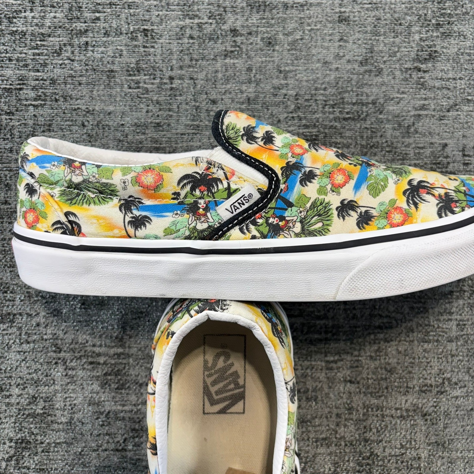 Vans Slip On Unisex Men 8 Women 9.5 Multicolor Hula Girl Tropical Beach Sunset