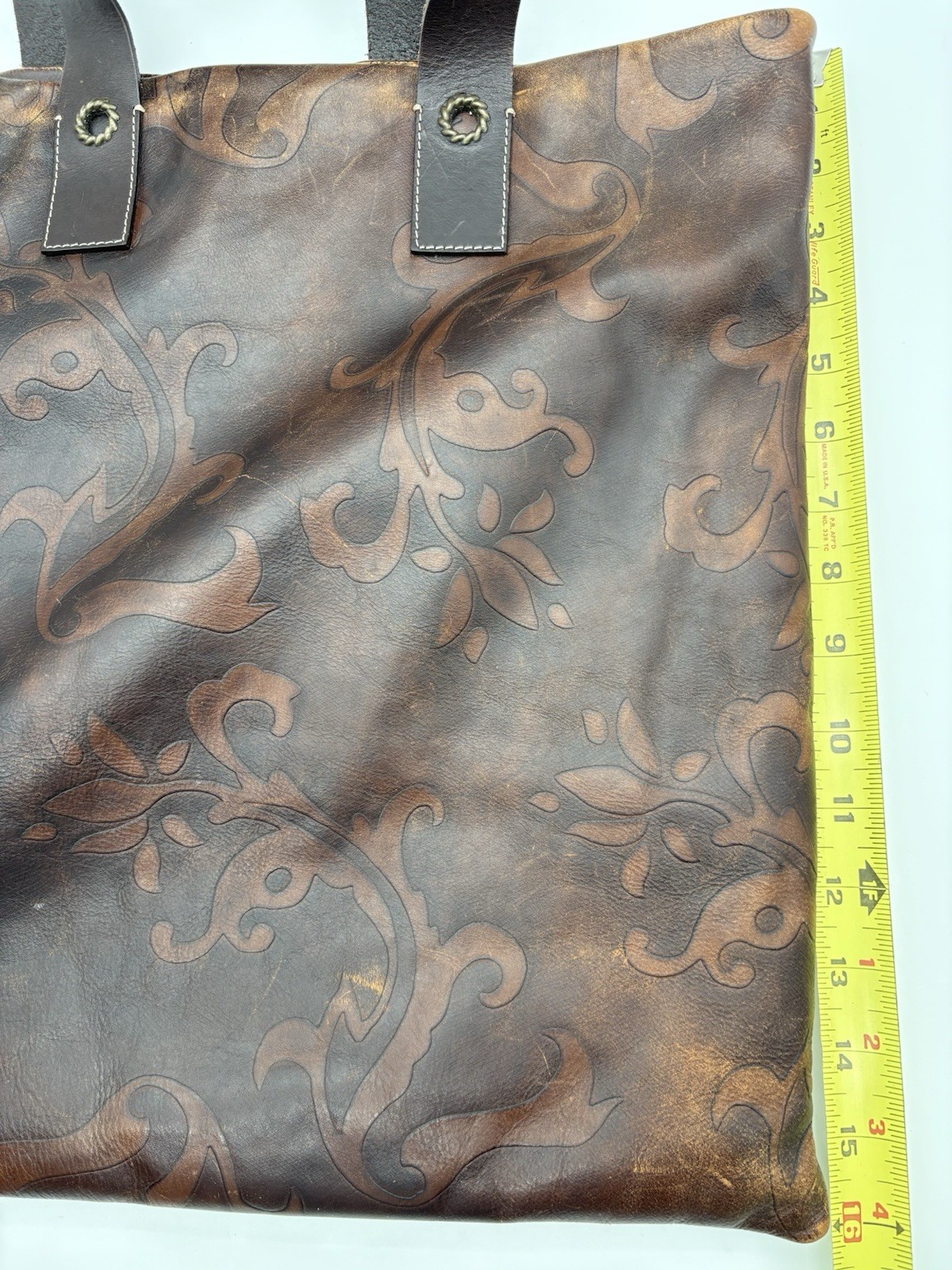 FALOR Italy Tote Bag, Tan Brown Leather Embossed Paisley Large Bag, 16″ x 16″