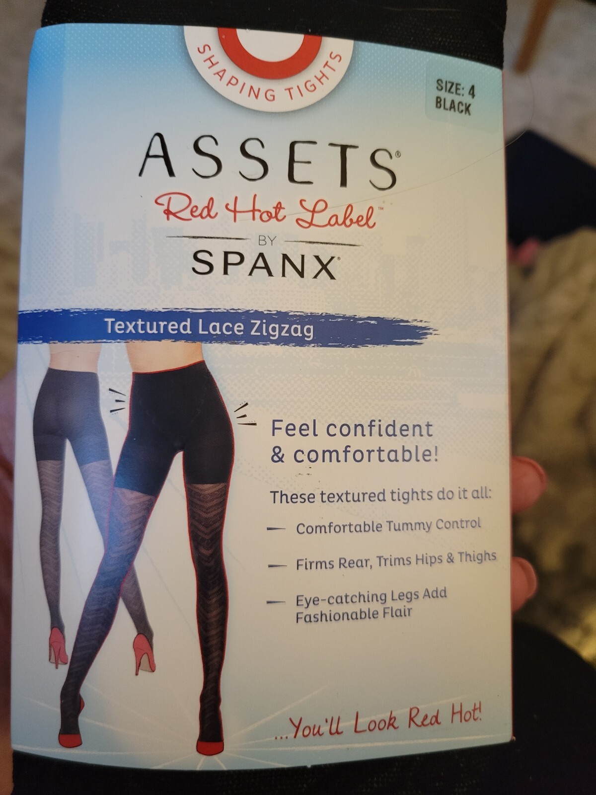 ASSETS SPANX Red Hot Label Women’s Black Textured Lace Zigzag Shaping Tights 4 D