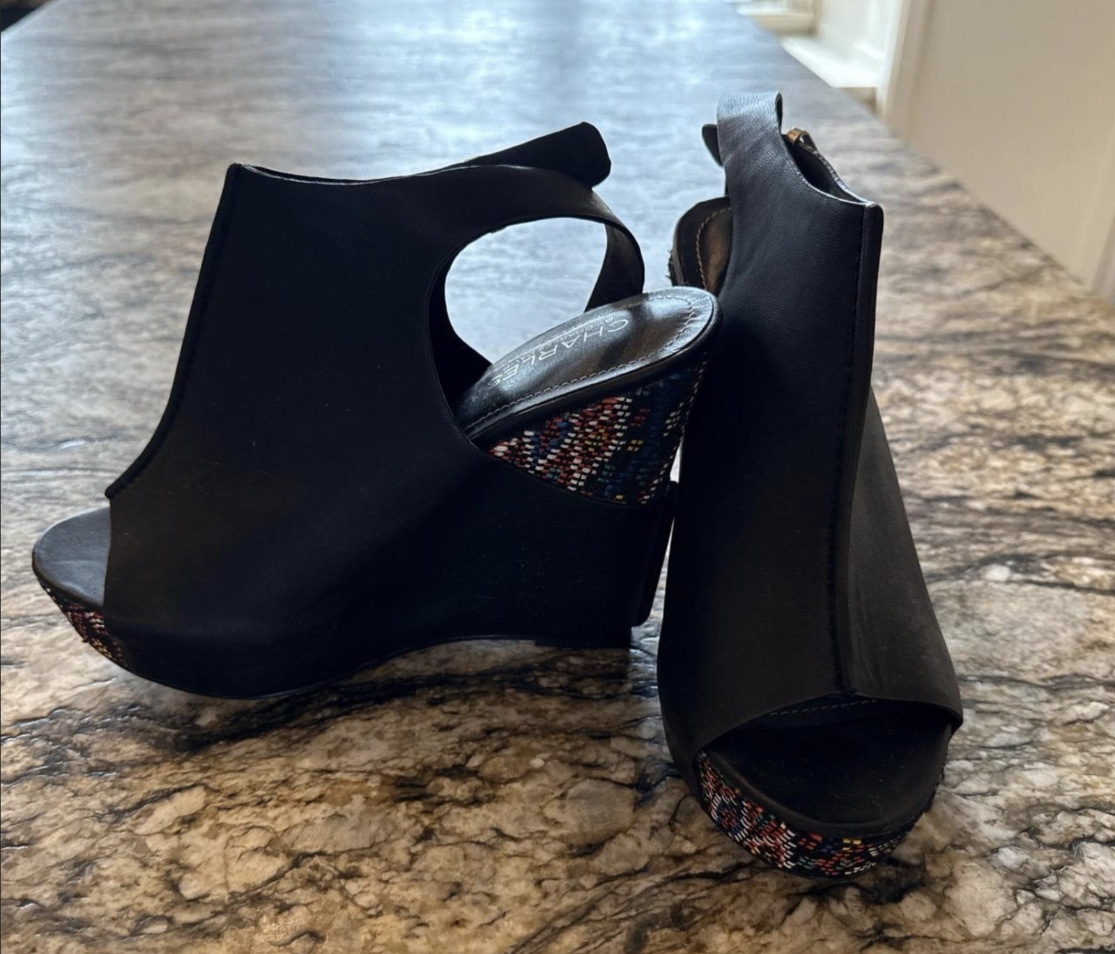 Charles by Charles David 8M. Black Leather Peep Toe with Colorful Accents