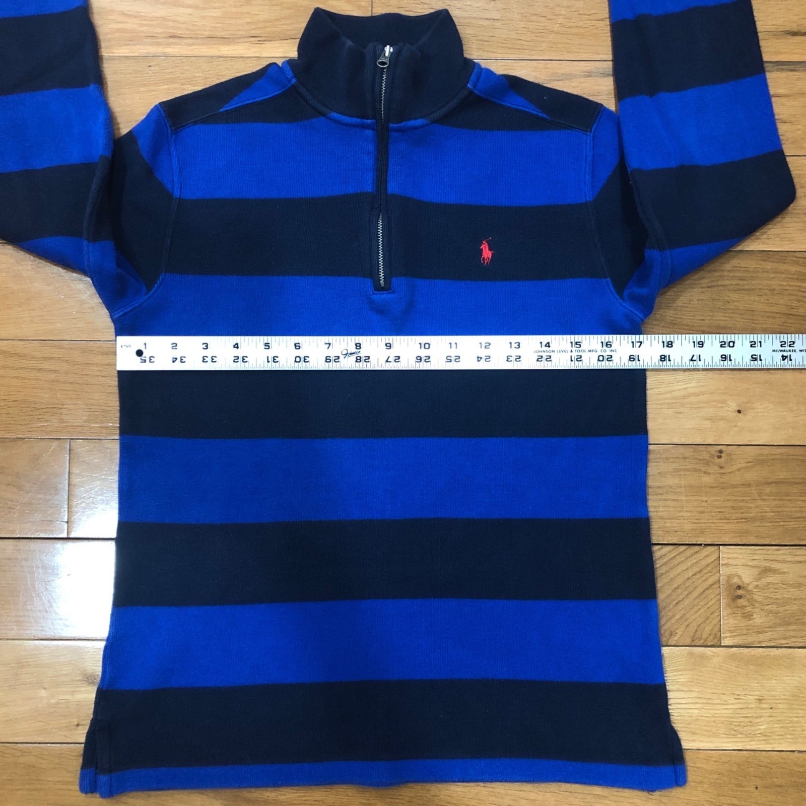 Polo Ralph Lauren 1/4 Zip Long Sleeve Royal & Navy Striped Polo Size L (14-16)