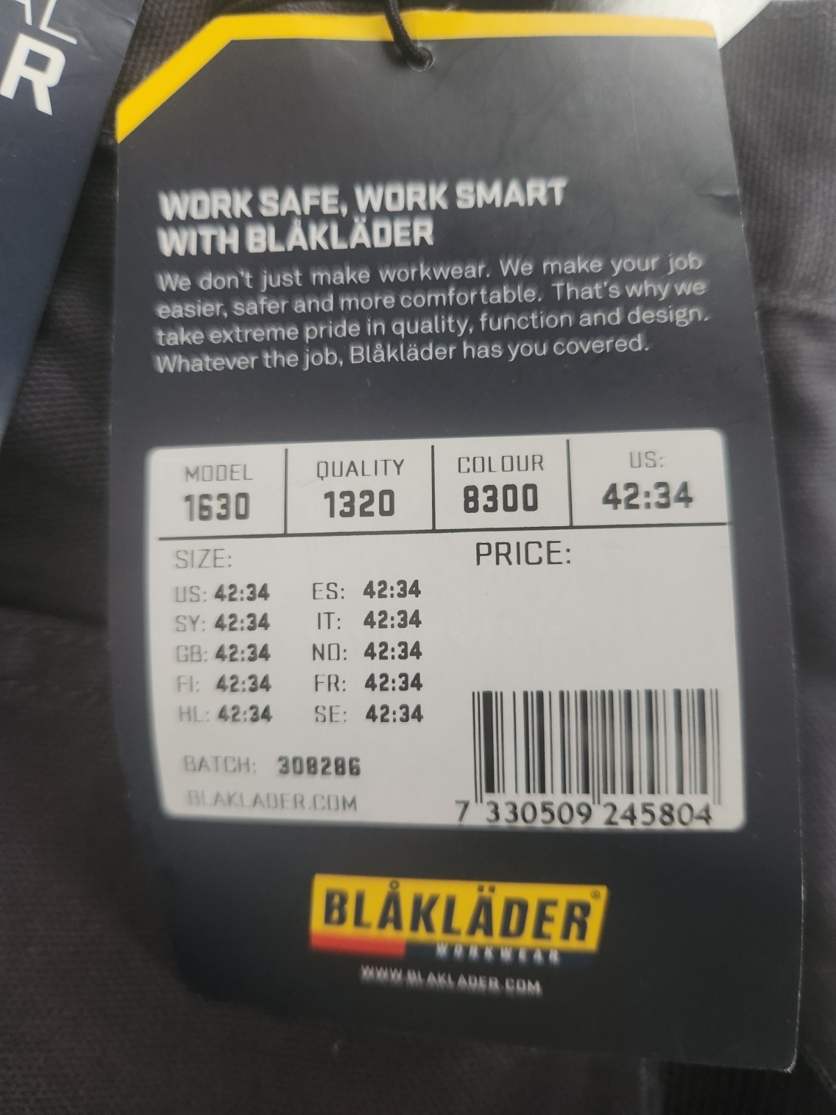 NWT Blaklader Workwear Bantam Work Pants 1630 Stone Gray Cordura Utility; 42×34