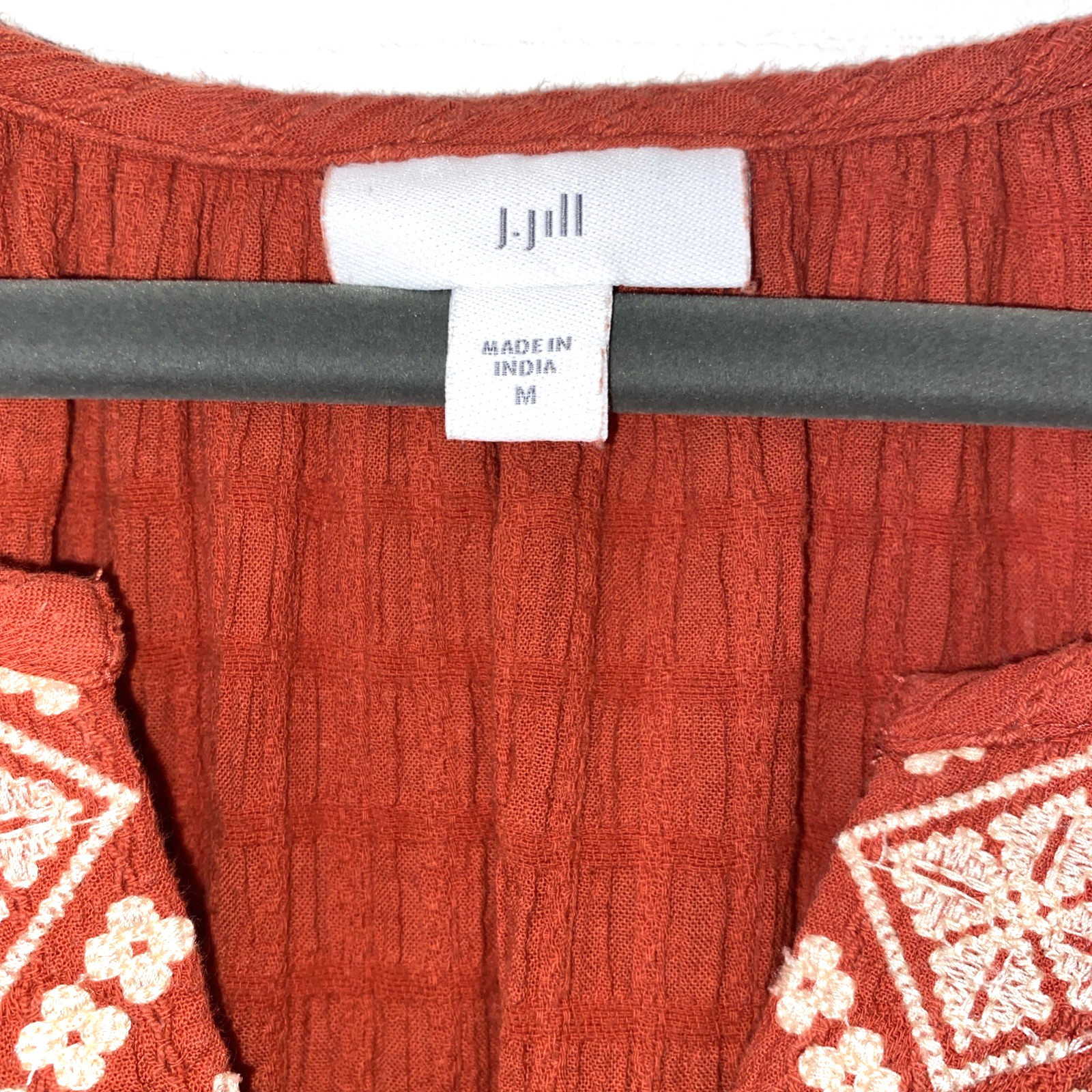 WOMENS J JILL RED/ORANGE EMBROIDERED GAUZE PEASANT SHIFT DRESS MEDIUM PERFECT!