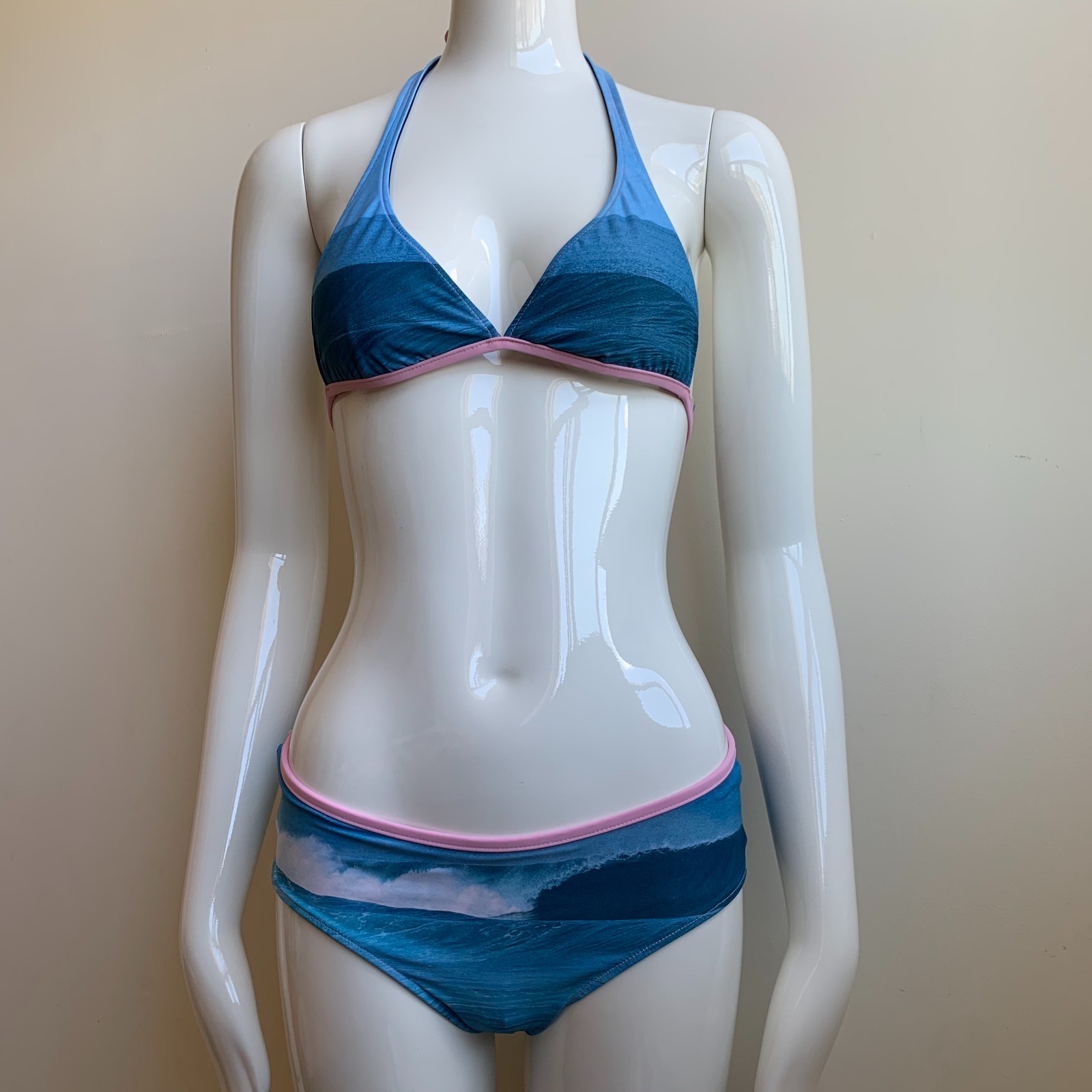 Aaron Chang blue & pink stripe wave reversible scenic photo print bikini