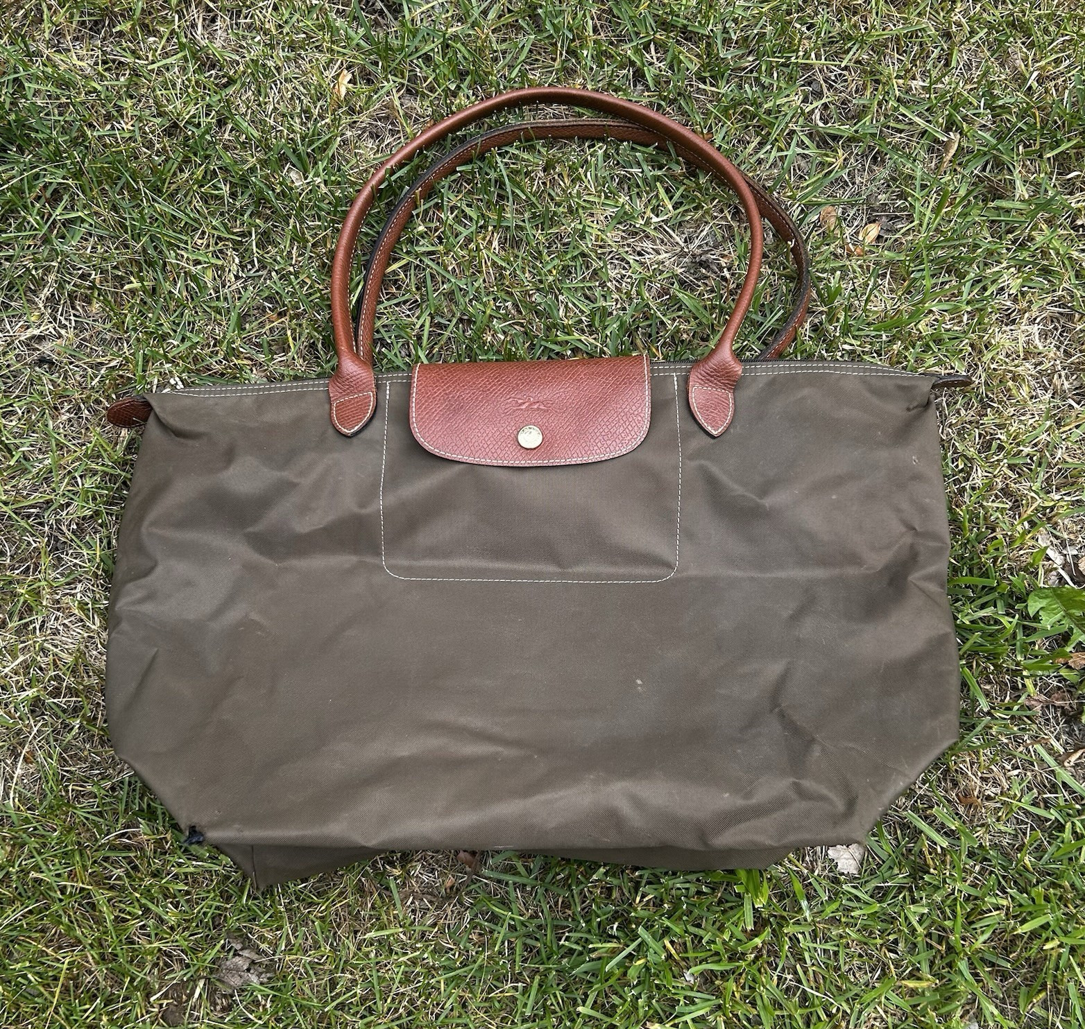 Longchamp Le Pliage Green Tote Bag Zip Closure Brown Leather Double Handles