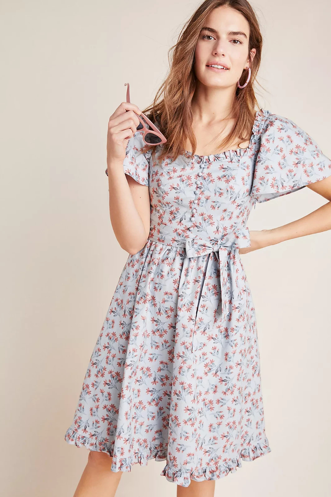 Gal Meets Glam Anthropologie Marianna Fit Flare Blue Floral Peasant Dress 0P