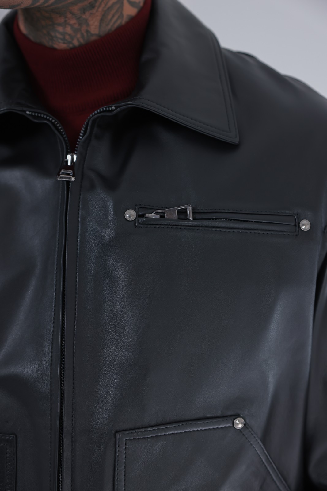 Men’s Genuine Leather Cafe Racer Jacket Black Zip Point Collar 25″ – 65cm