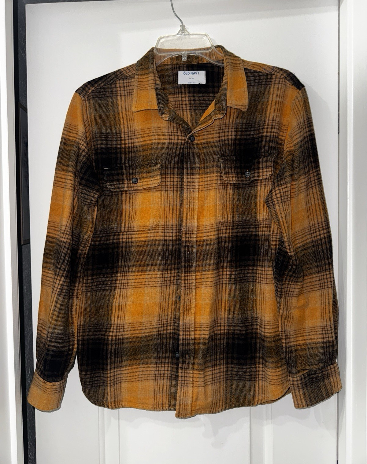 Old Navy Boys XXL (18) Orange/Brown/Black Plaid Pockets Long Sleeve Button-Up