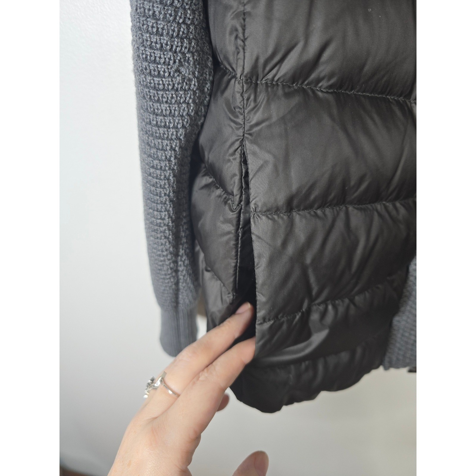 Moncler Women Black Grey Wool & Down Hybrid Knit Puffer Jacket Size S Logo Patch
