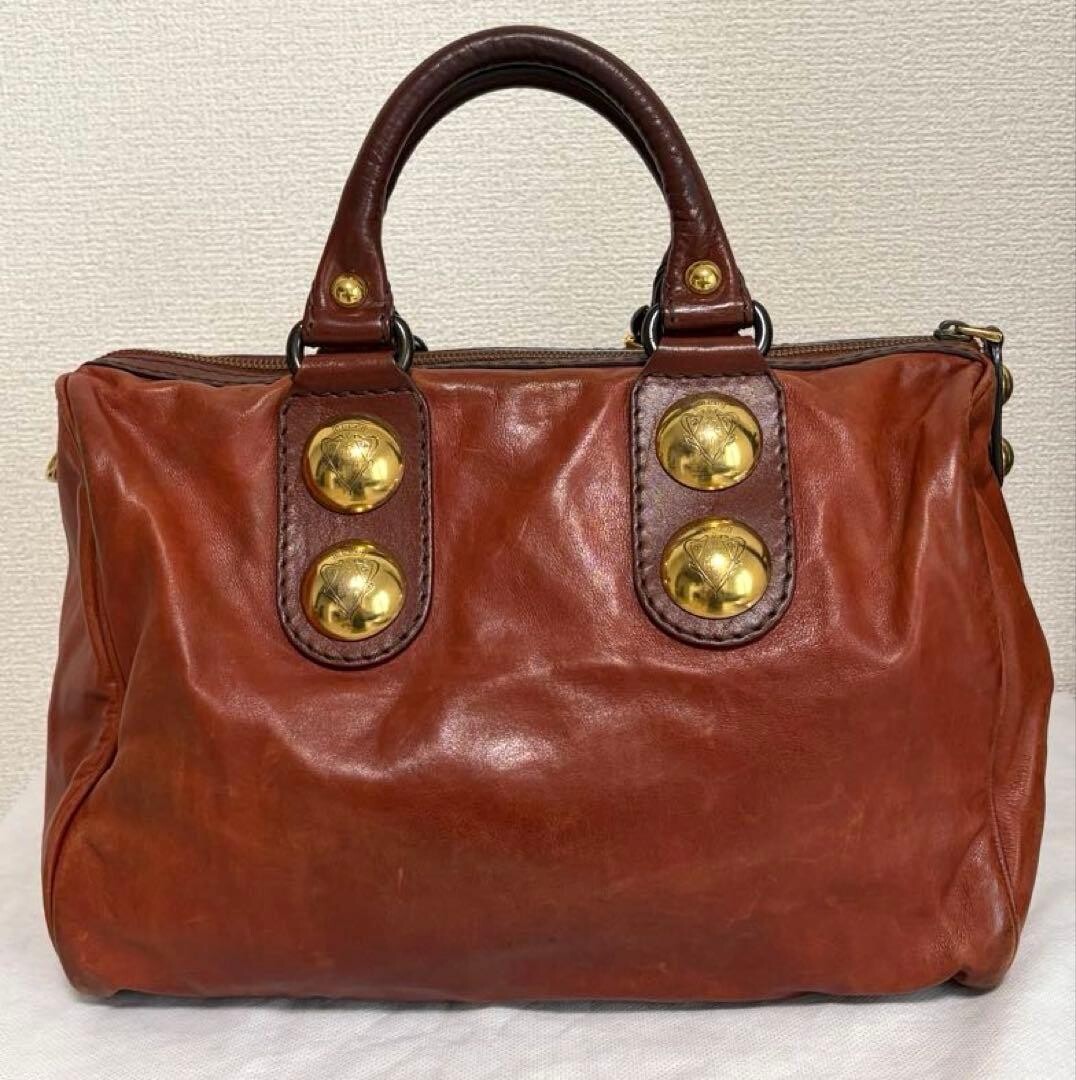 GUCCI Red Leather Boston Bag Vintage Studded Heart Charm Womens Handbag 71