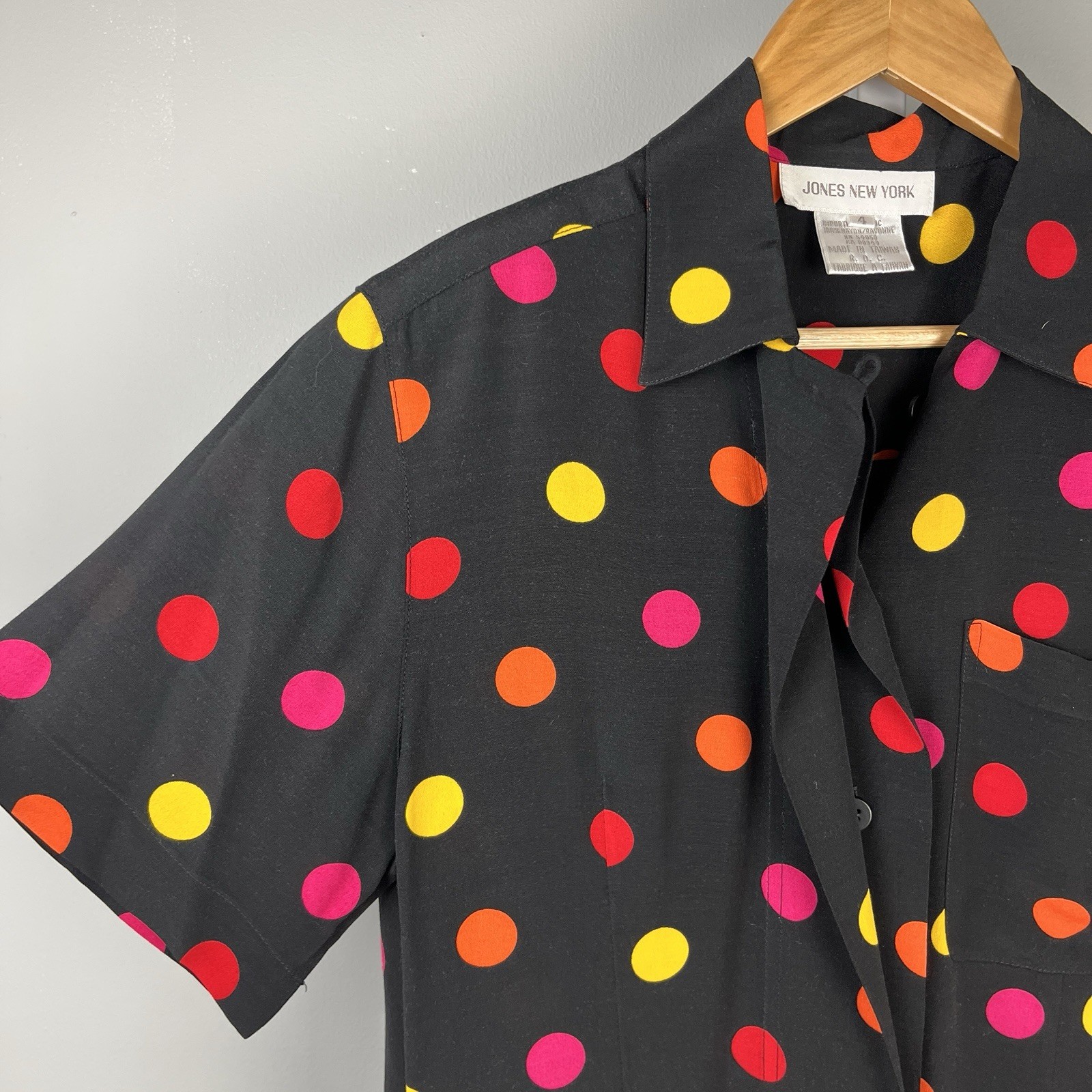 Jones New York Vintage Button Up Shirt Top Womens Size 4 Black Multi Polka Dot