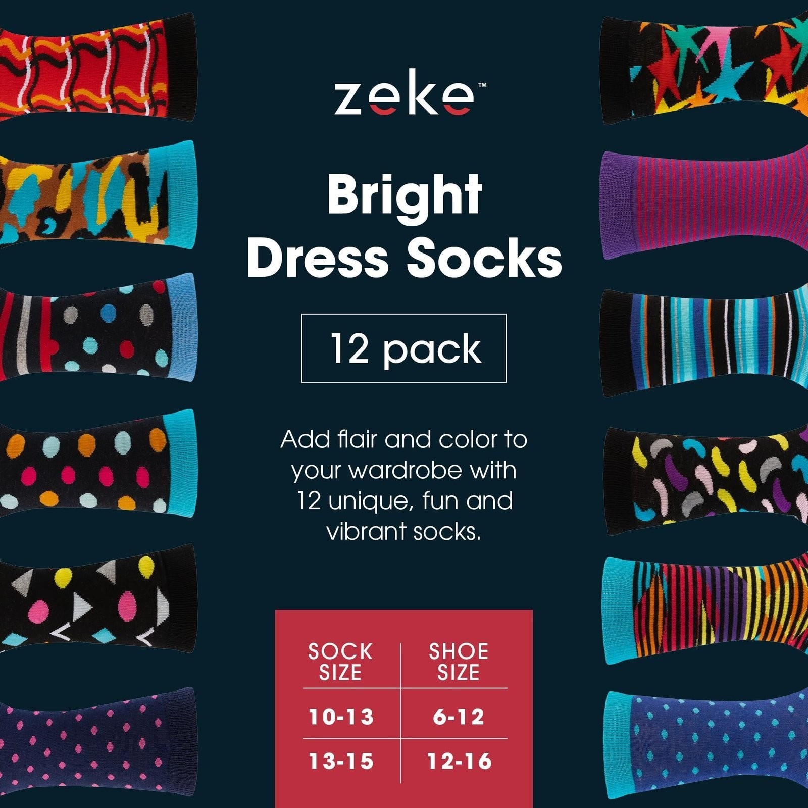 ZEKE Men’s Dress Socks Funky Fun Colorful Crew Socks 12 Assorted Patterns