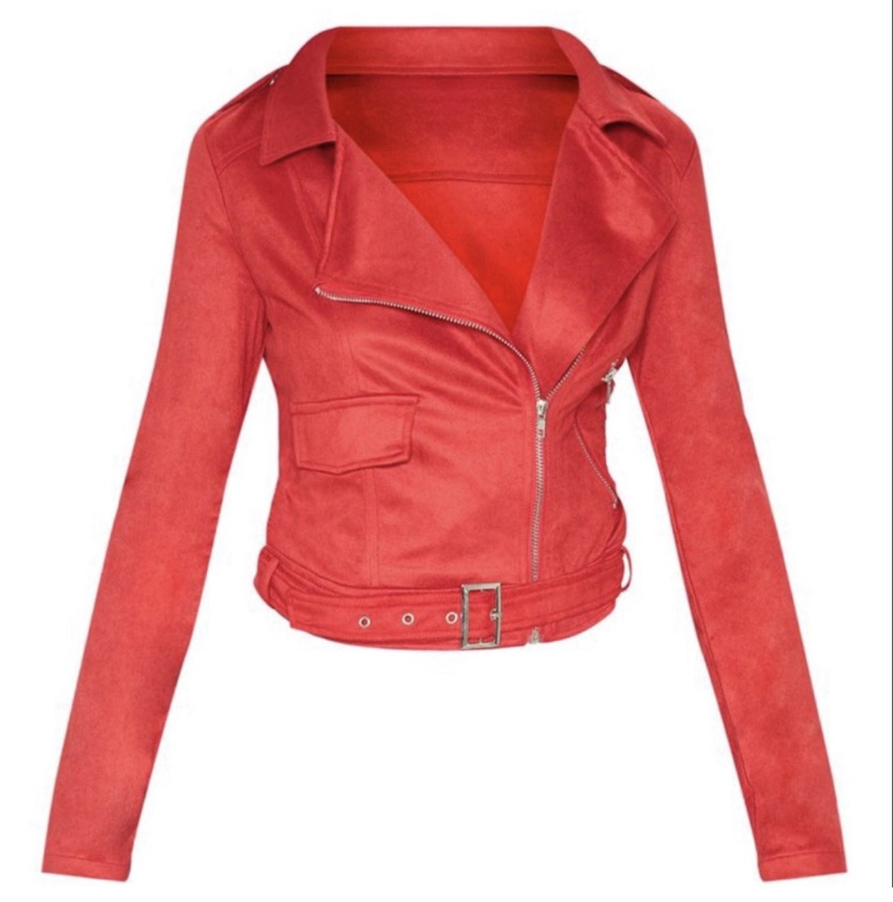 PrettyLittleThing Red Biker Jacket Belted Zip Buckle Women’s Size 12