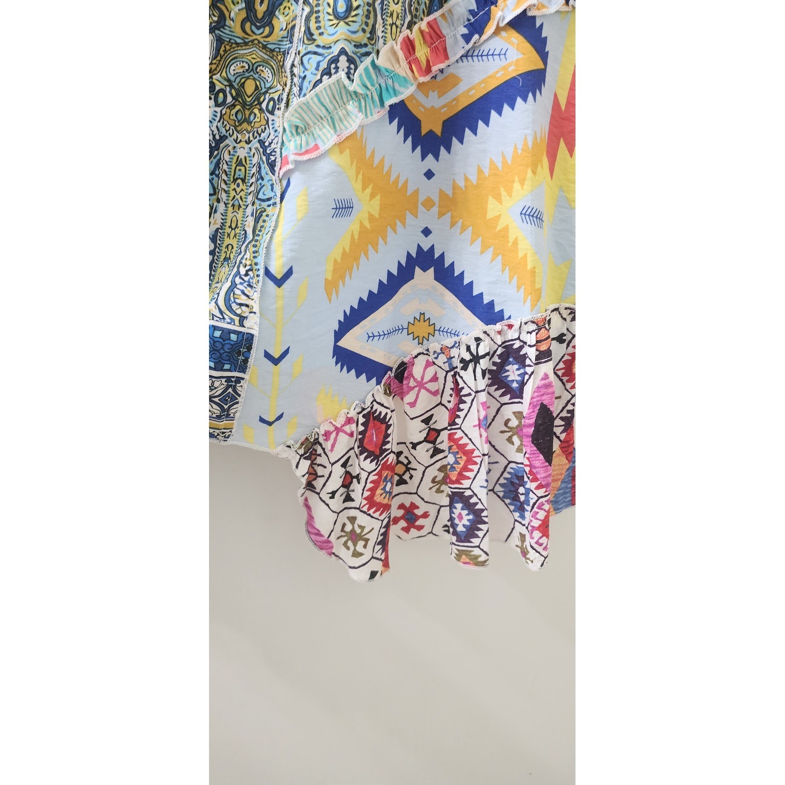 Calesa Mixed Print Patchwork Ruffle Tunic Top Multi-Color Boho Asymmetrical L