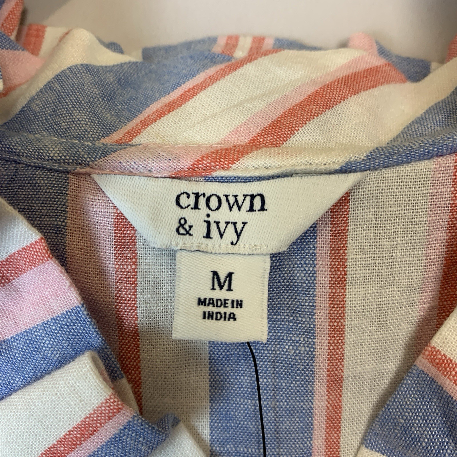 Crown Ivy Top Blouse Womens Medium Pink Blue Ivory Striped Sleeveless V Neck