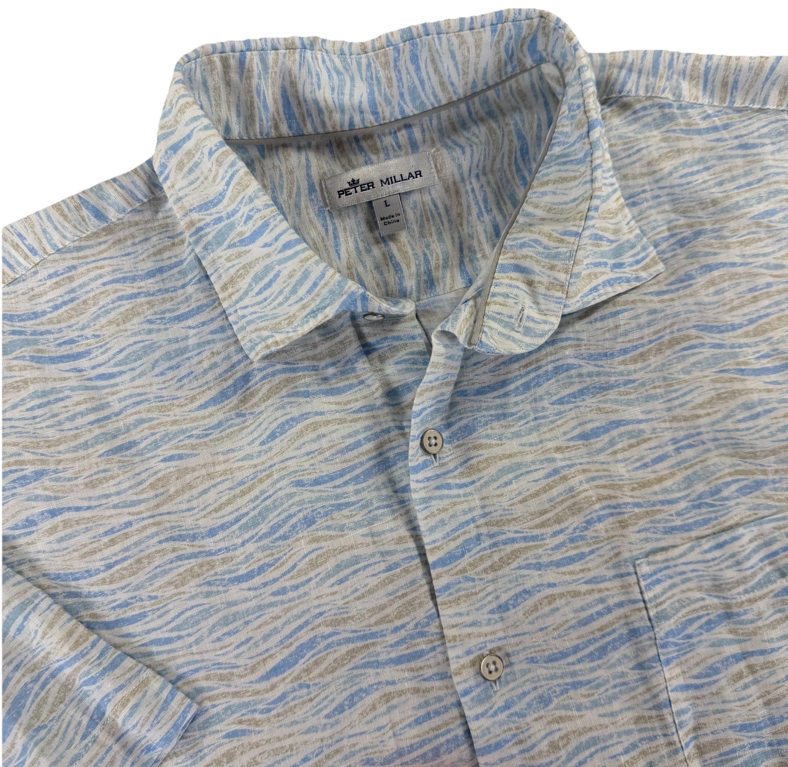 Peter Millar Linen Shirt Mens Large Blue Tan Wave Print Button Front Casual