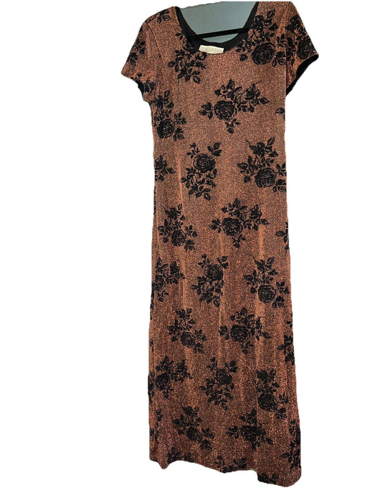 Vintage Jessica Howard Maxi Dress Copper Shimmer Velvet Roses Fairy Goth Womens