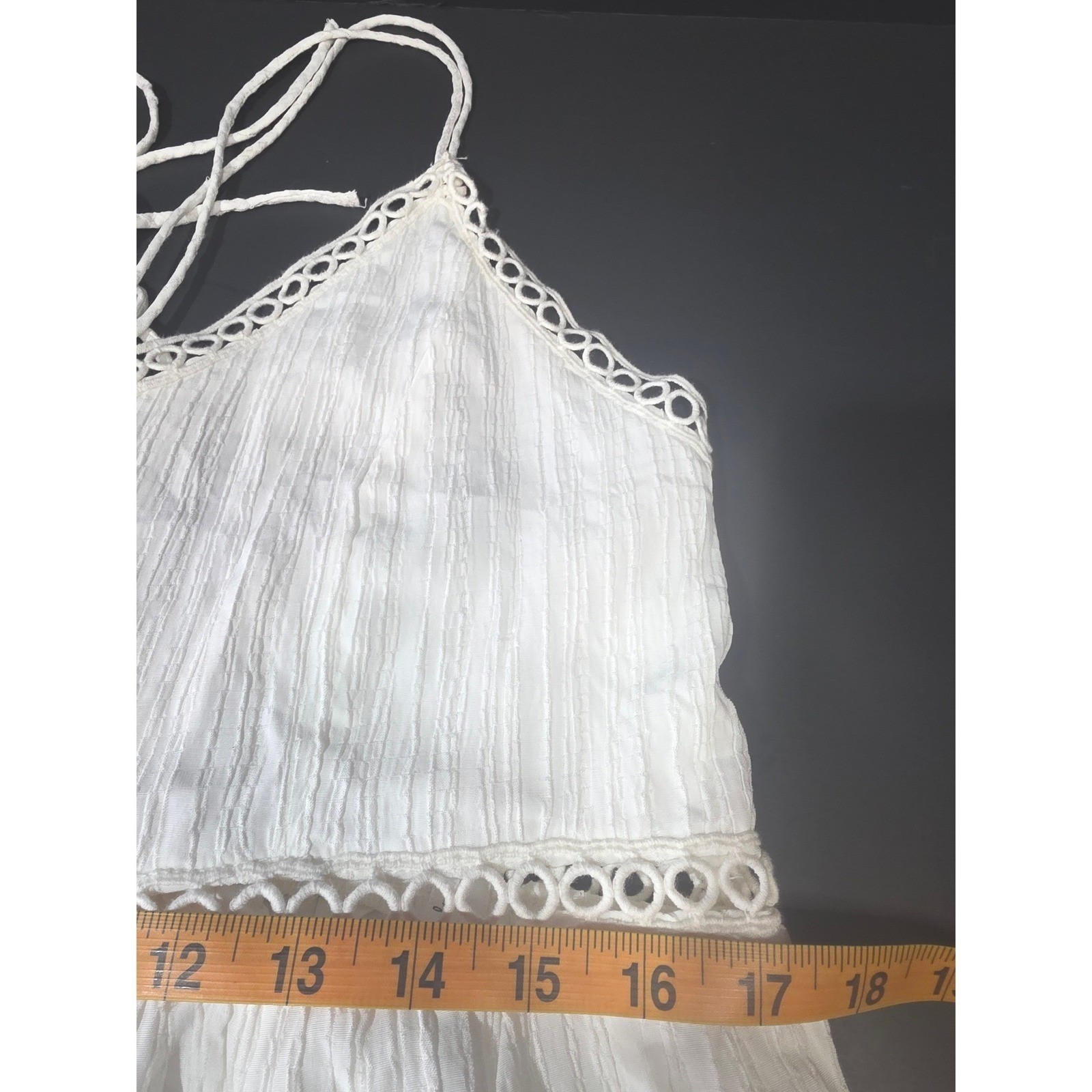 Lulus Ivory Crinkle Gauze Crochet Trim Tiered Maxi Dress Lace Up Back Medium NWT
