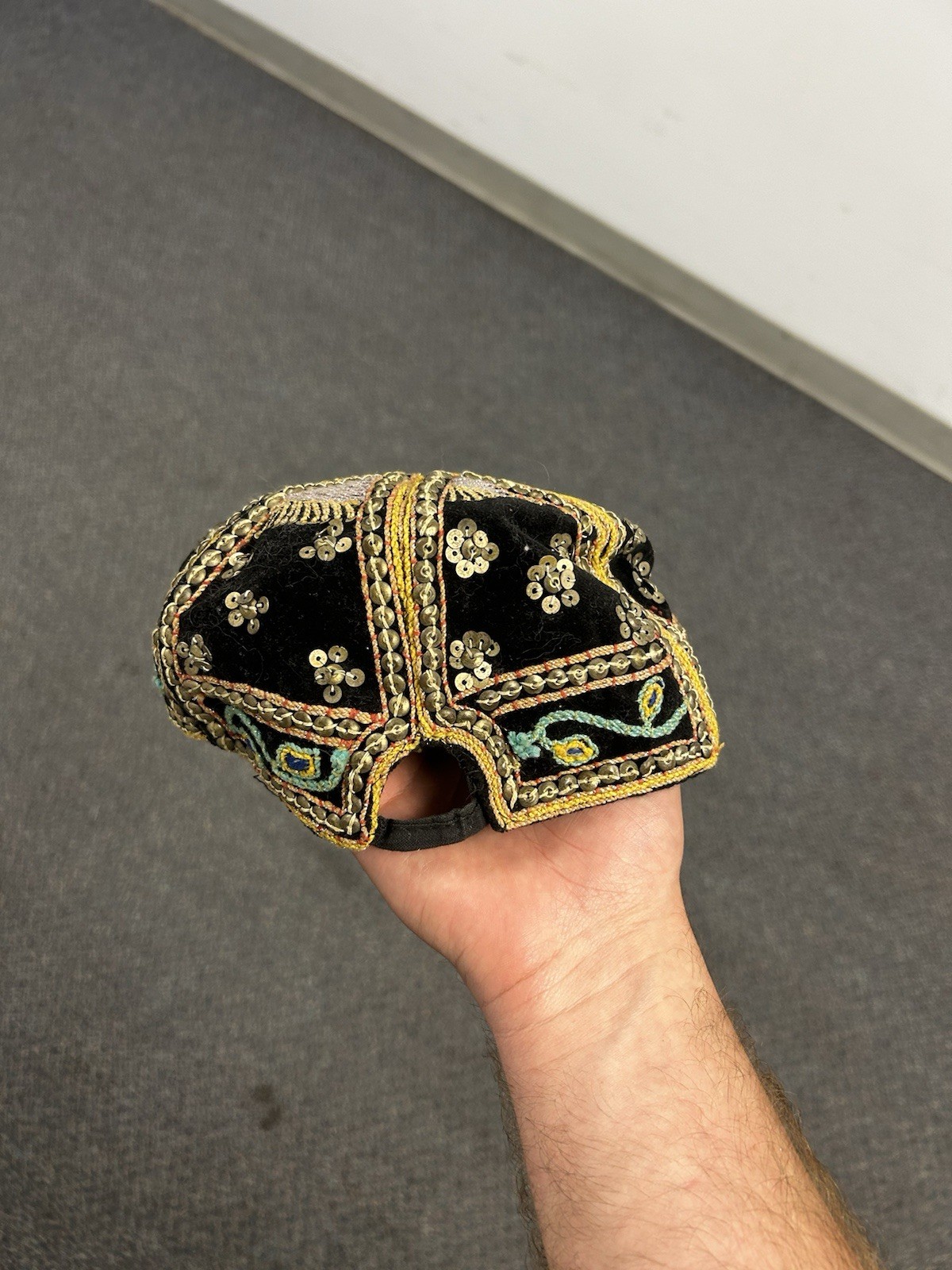 Vintage Myanmar Burma Beaded Embroidered Velvet Hand Made Cap Black & Gold
