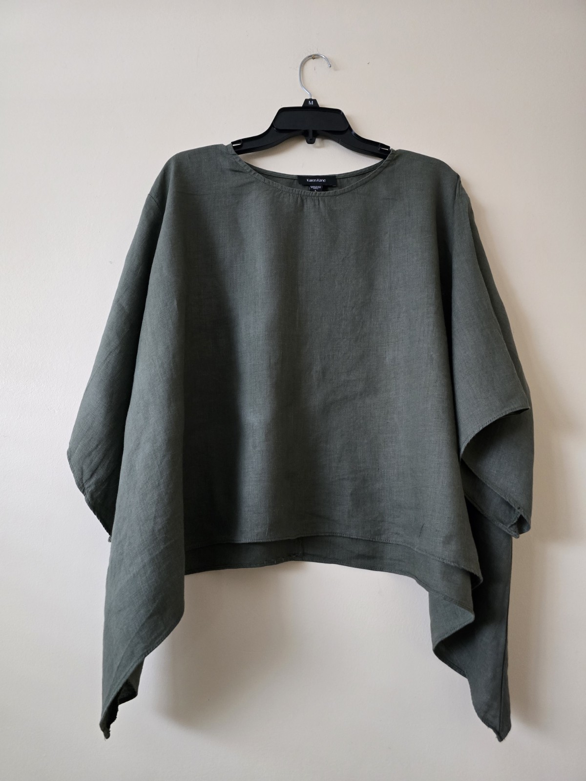 Karen Kane Slub Handkerchief Hem Linen Pullover Top Olive Green SzL Lagenlook