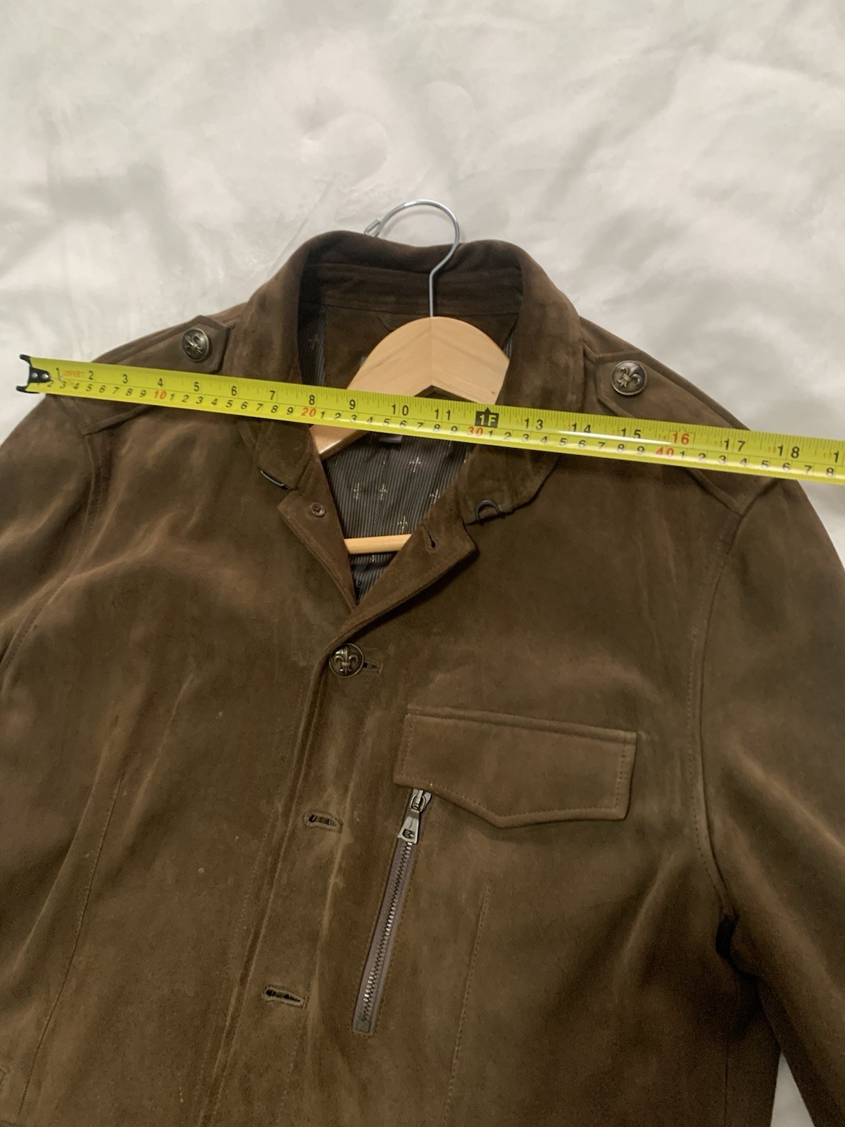 John Varvatos Brown Leather Military Jacket Stand-Up Collar Button Closure 50