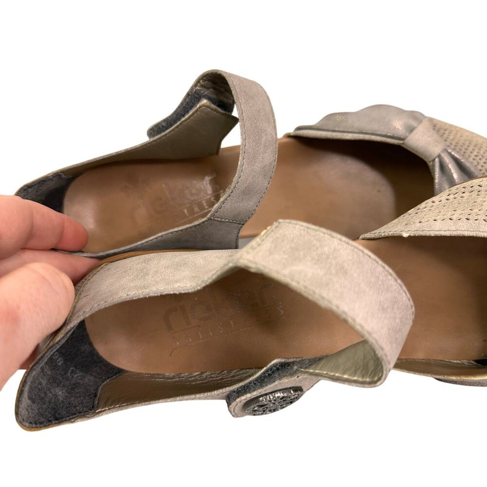 Rieker women’s antique gray perforated leather Mary Jane shoes size EU 39