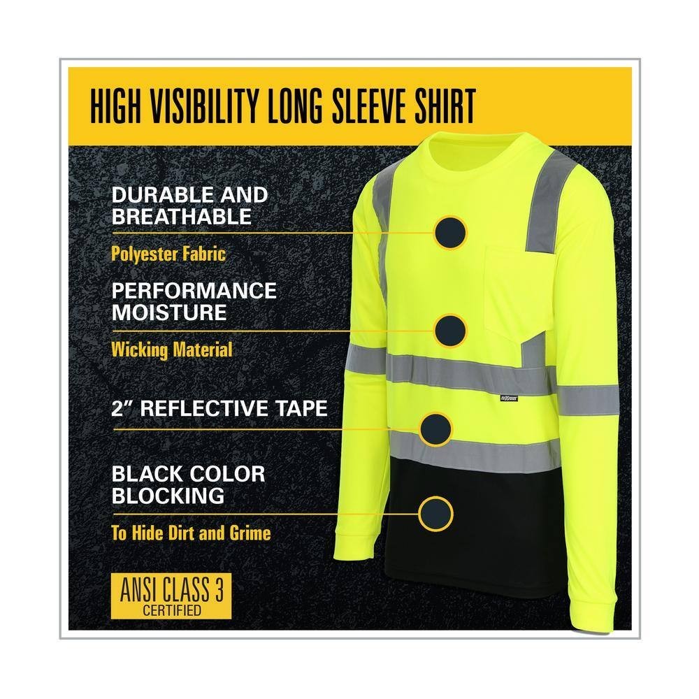 5PK Men’s X-Large Black/Yellow Long-Sleeve Safety Shirt with Reflective Tape