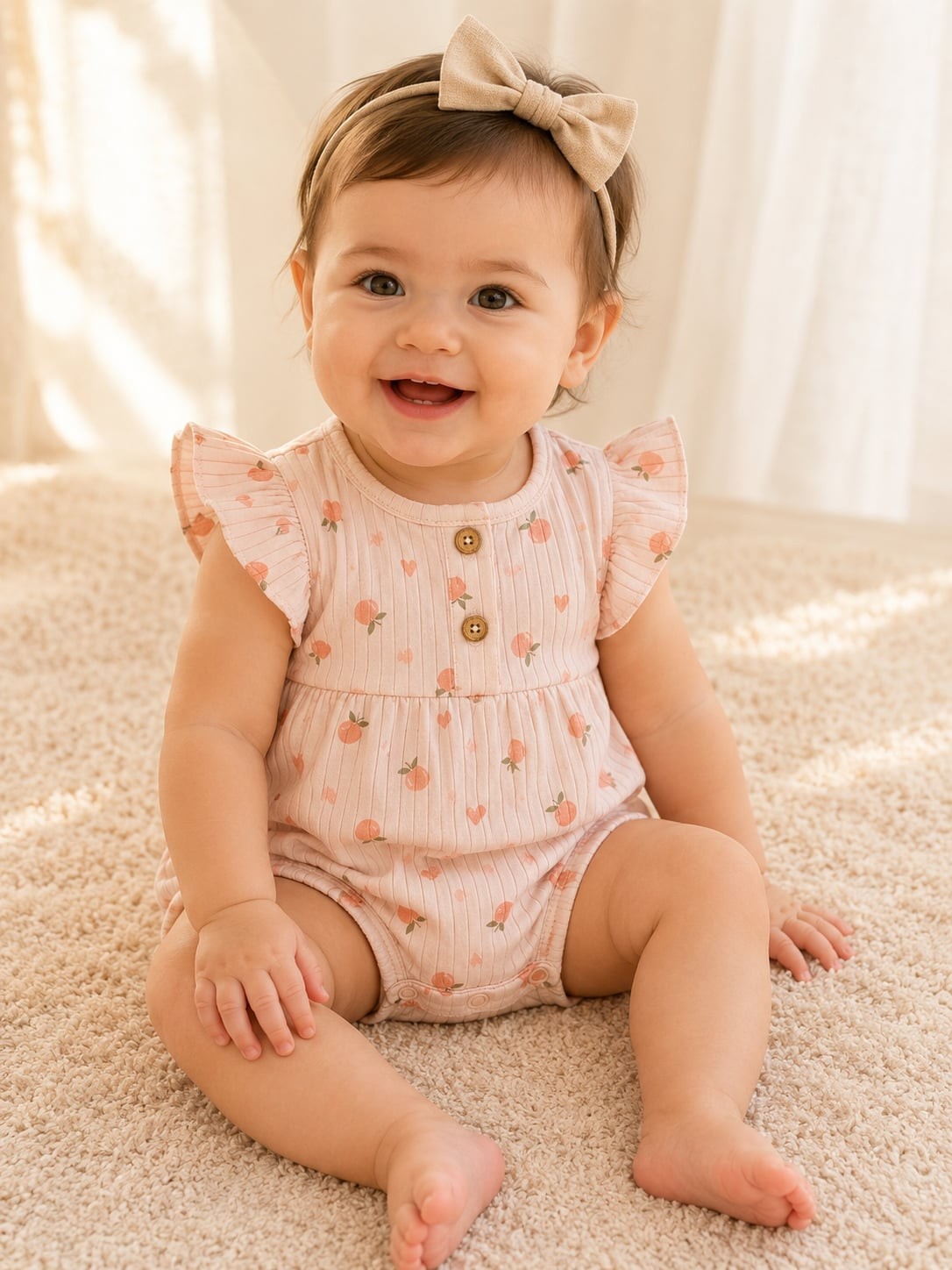 Willow + Whimsy Baby Girl Ribbed Peach and Heart Print Ruffle Romper