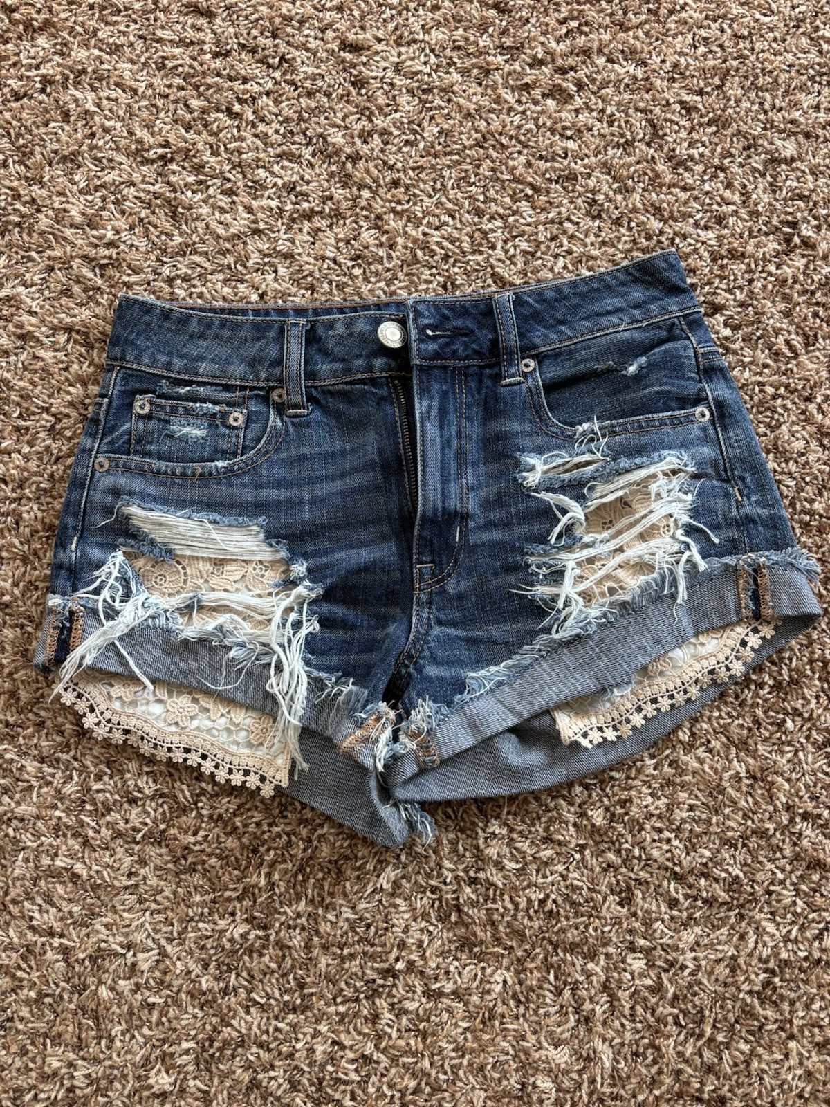 American Eagle Hi-Rise Festival Blue Dark Wash Lace Cutoff Denim Shorts