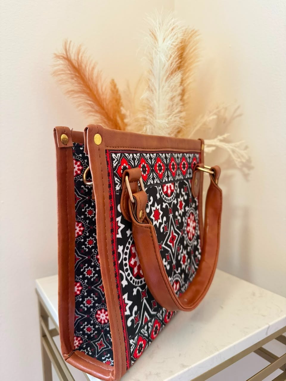 Sindhi Ajrak Pattern Mini Tote Bag | Folk Art Canvas Brown Trim Top Handle Purse