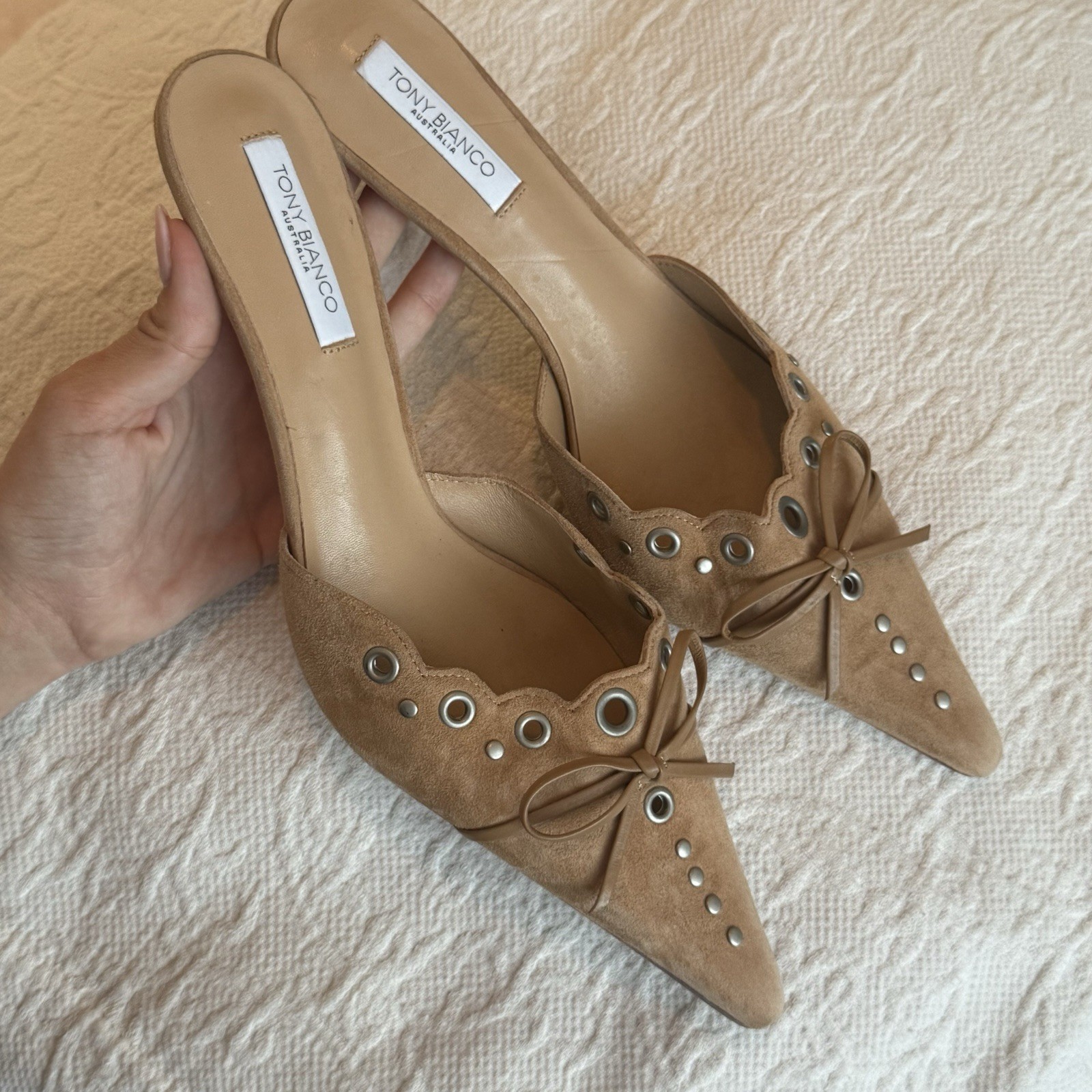 Tony Bianco Tan/Brown Shae Mule Kitten Heels in Butterscotch Suede Size 10