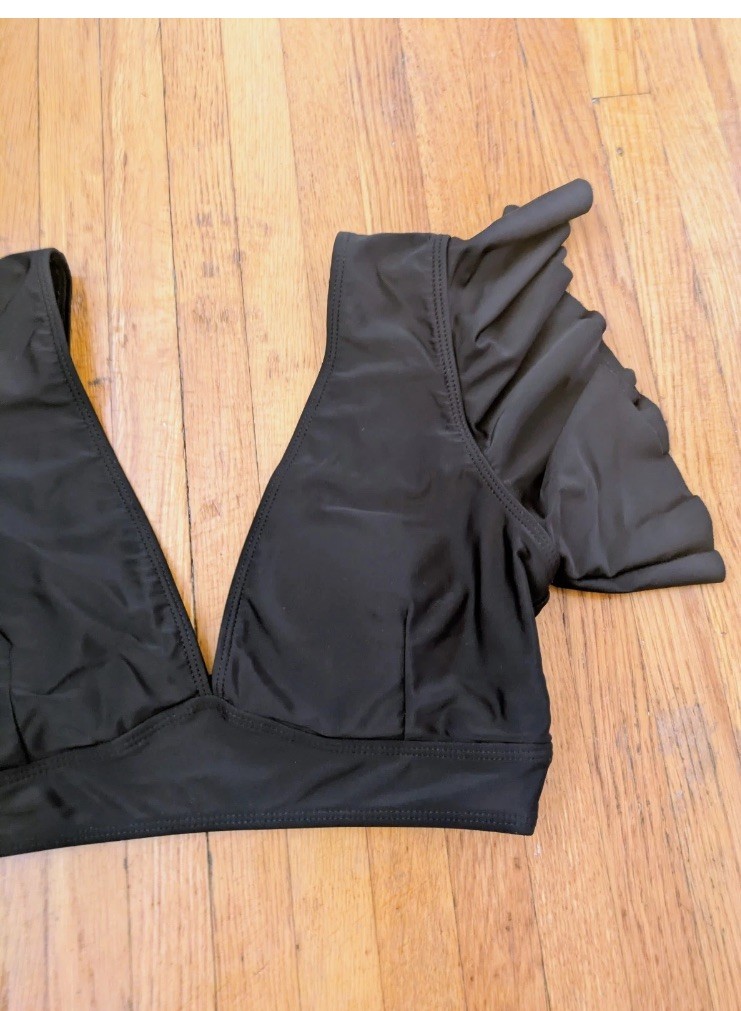 Black Solid Bralette Bikini Swim Top Ruffle Wide Straps Lined Stretch S A b