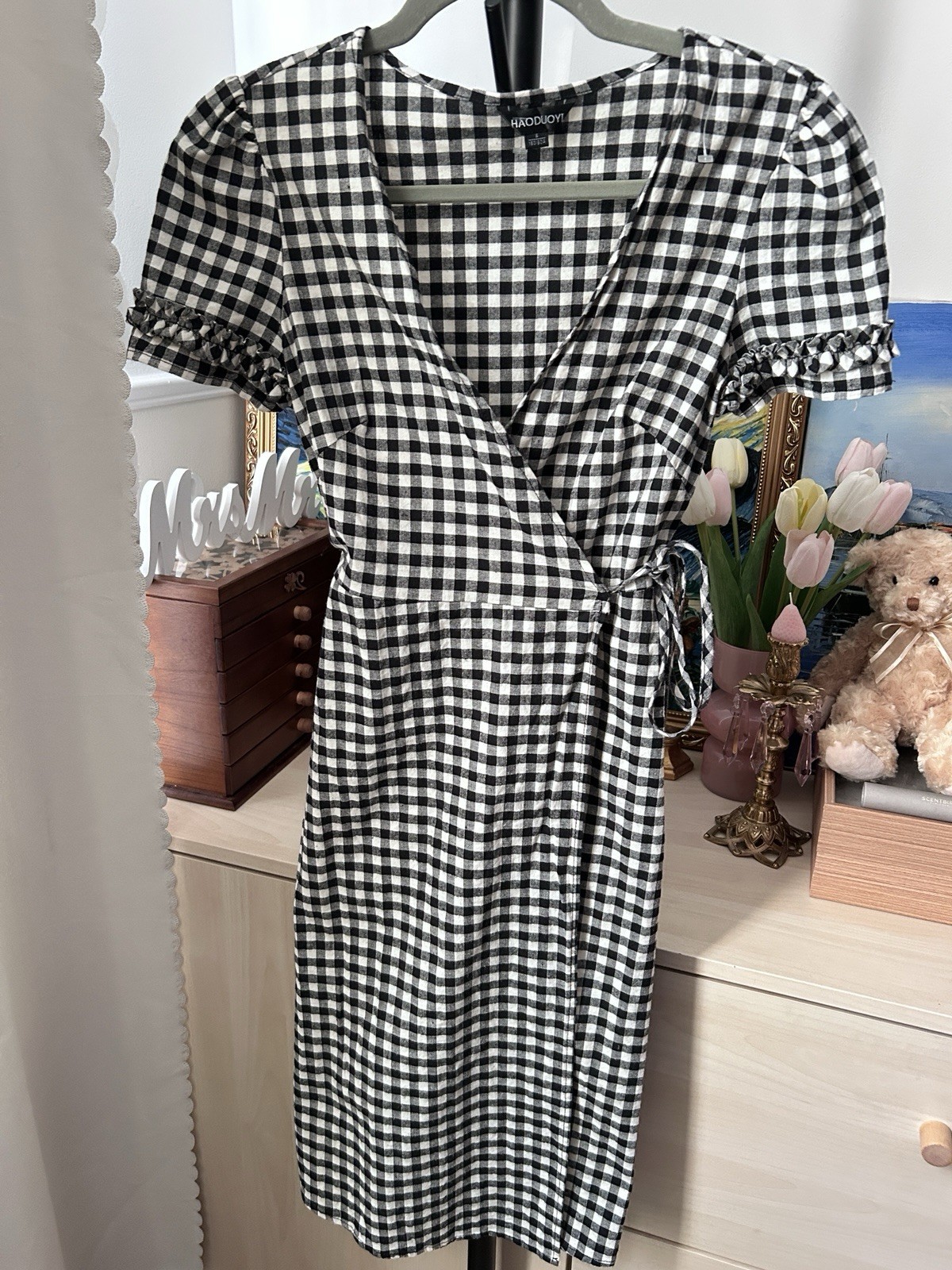 HAODUOYI Black White Gingham Wrap V-Neck Ruffle Tie Midi Dress Short Sleeve S
