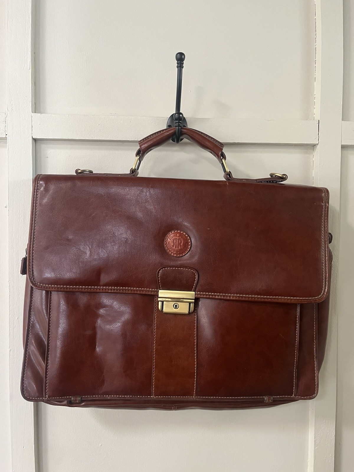 Vintage Rina Rich Brown Briefcase/Document Bag Men’s Push Lock Top Handle Zip