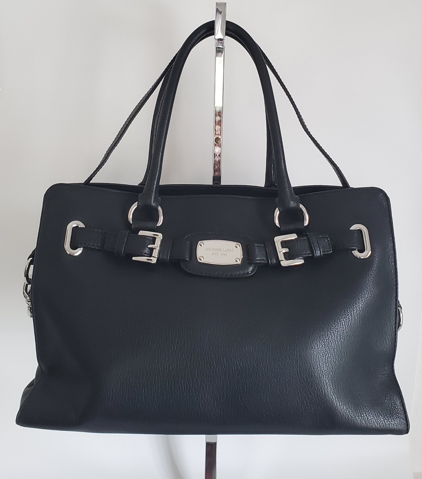MK HAMILTON BLACK PEBBLED LEATHER SATCHEL HAND BAG SILVERSTONE HARDWARE MEDIUM