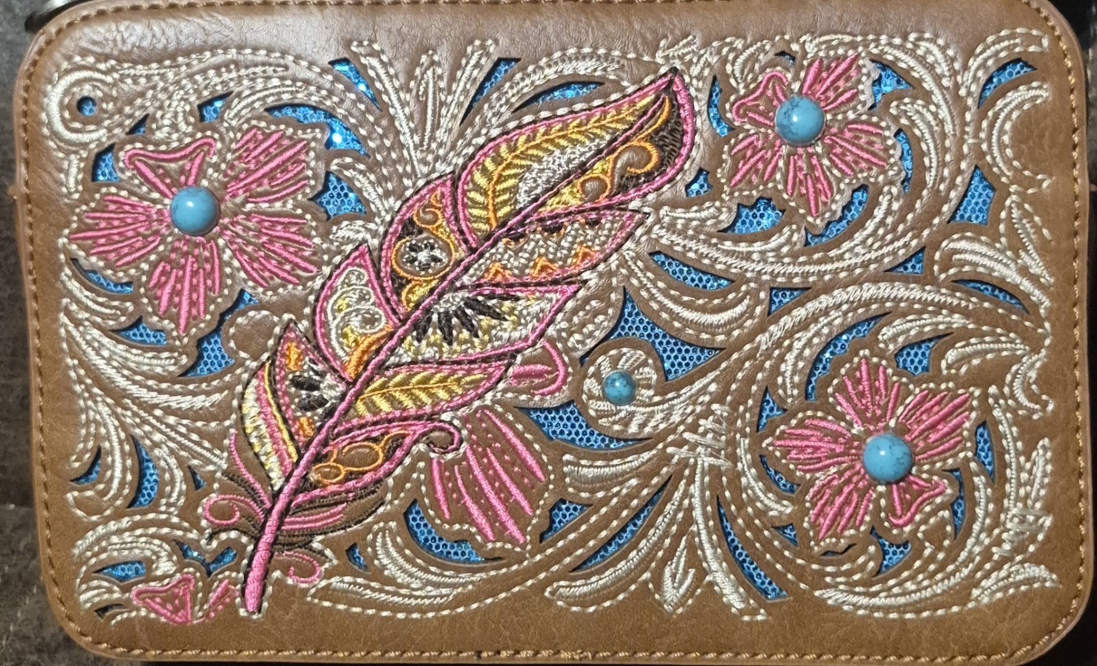 Montana West Zip-Around Wallet Wristlet Brown Floral Southwestern Embroidered