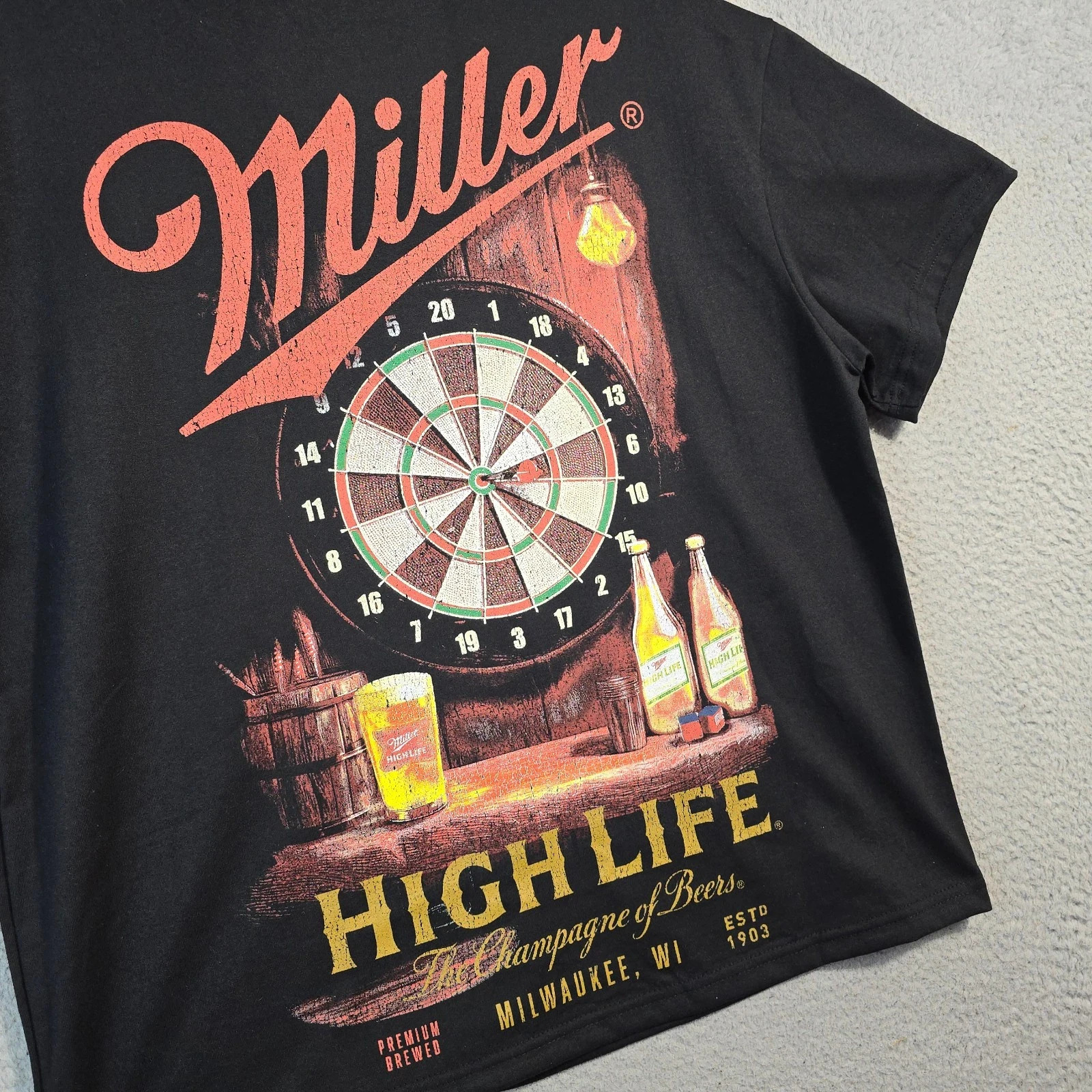 MILLER HIGH LIFE Beer Shirt Mens Large Black Distressed Hunting Casual tee NWT B