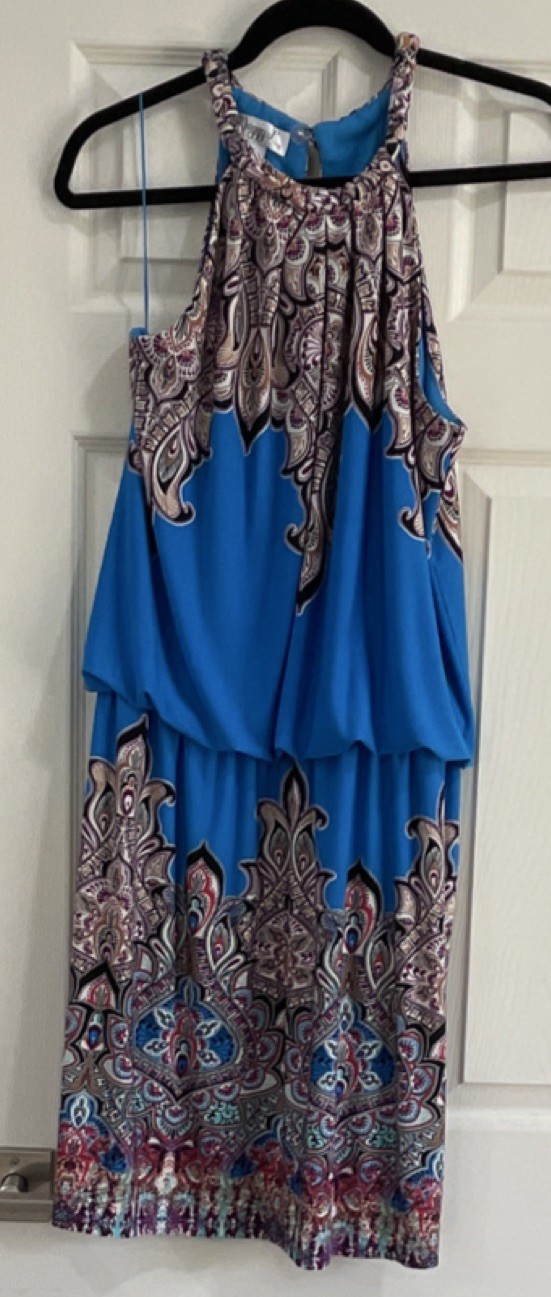 Maggy L Blue Paisley Knit Sleeveless Halter Shift Dress Keyhole Braided Neck 12