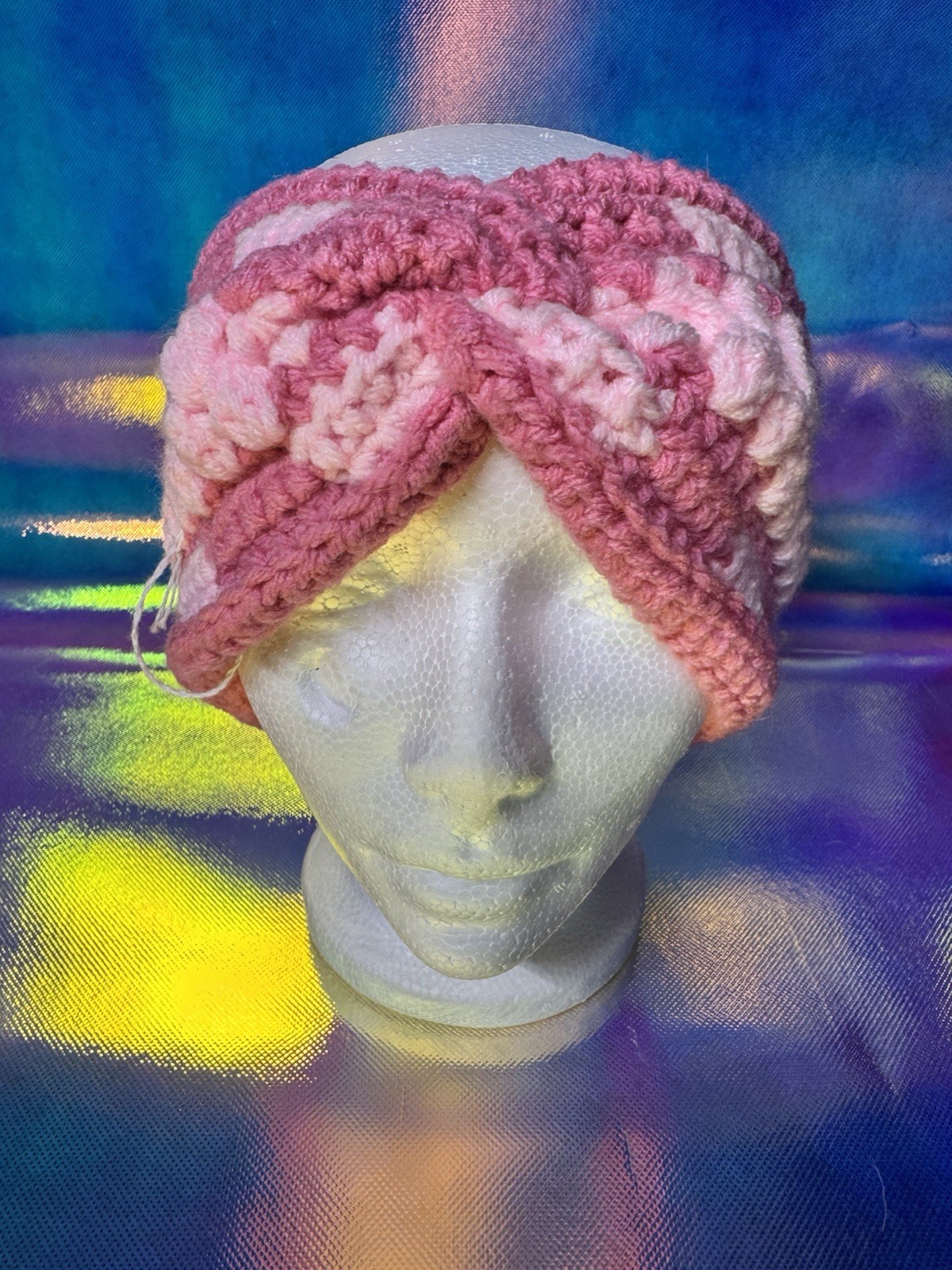 Women’s Crochet Turban Style Headband, One Size, Pink Striped