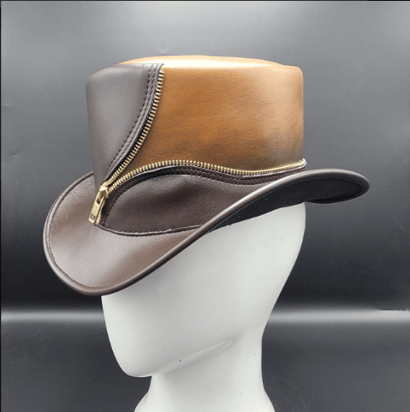 100% Genuine Leather Top Hat Brown Two-Tone Gold Zipper Steampunk Western Style