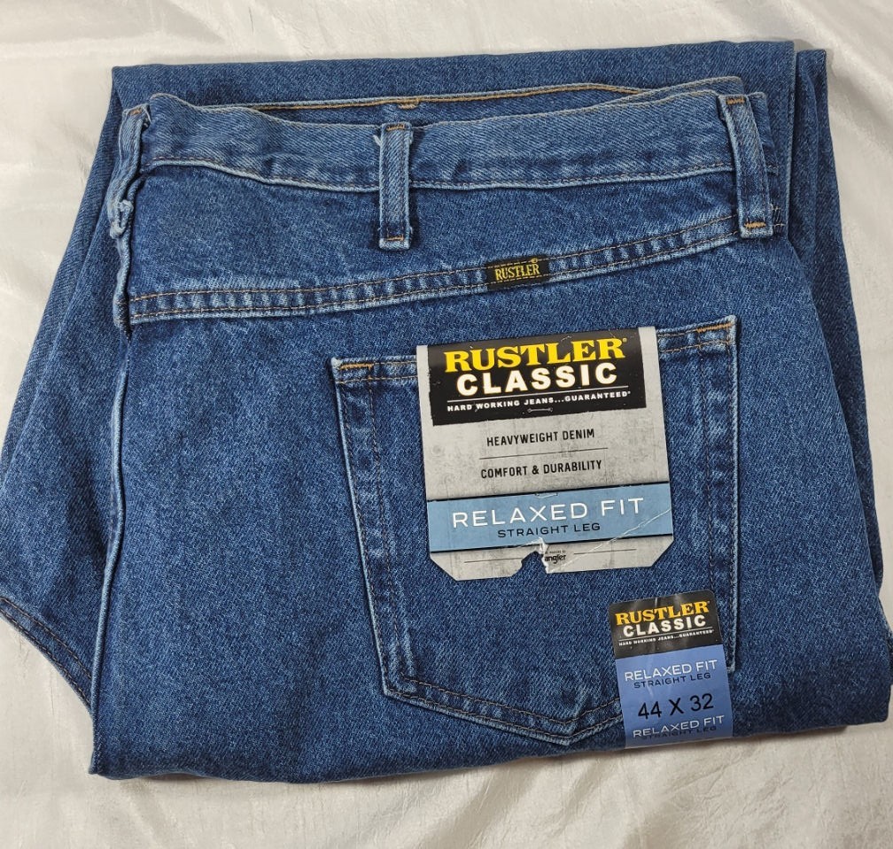 Wrangler Rustler Men’s Classic Relaxed Fit Jeans – Dark Stonewash – 44×32