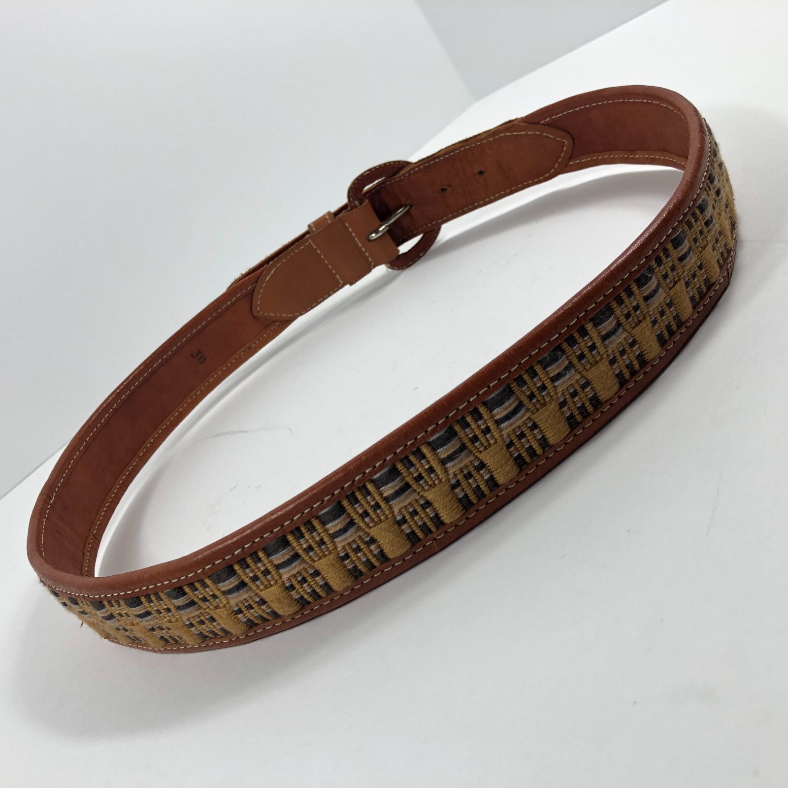 Handmade Leather Textile Belt Guatemala? Brown Boho Ethnic Unisex 30